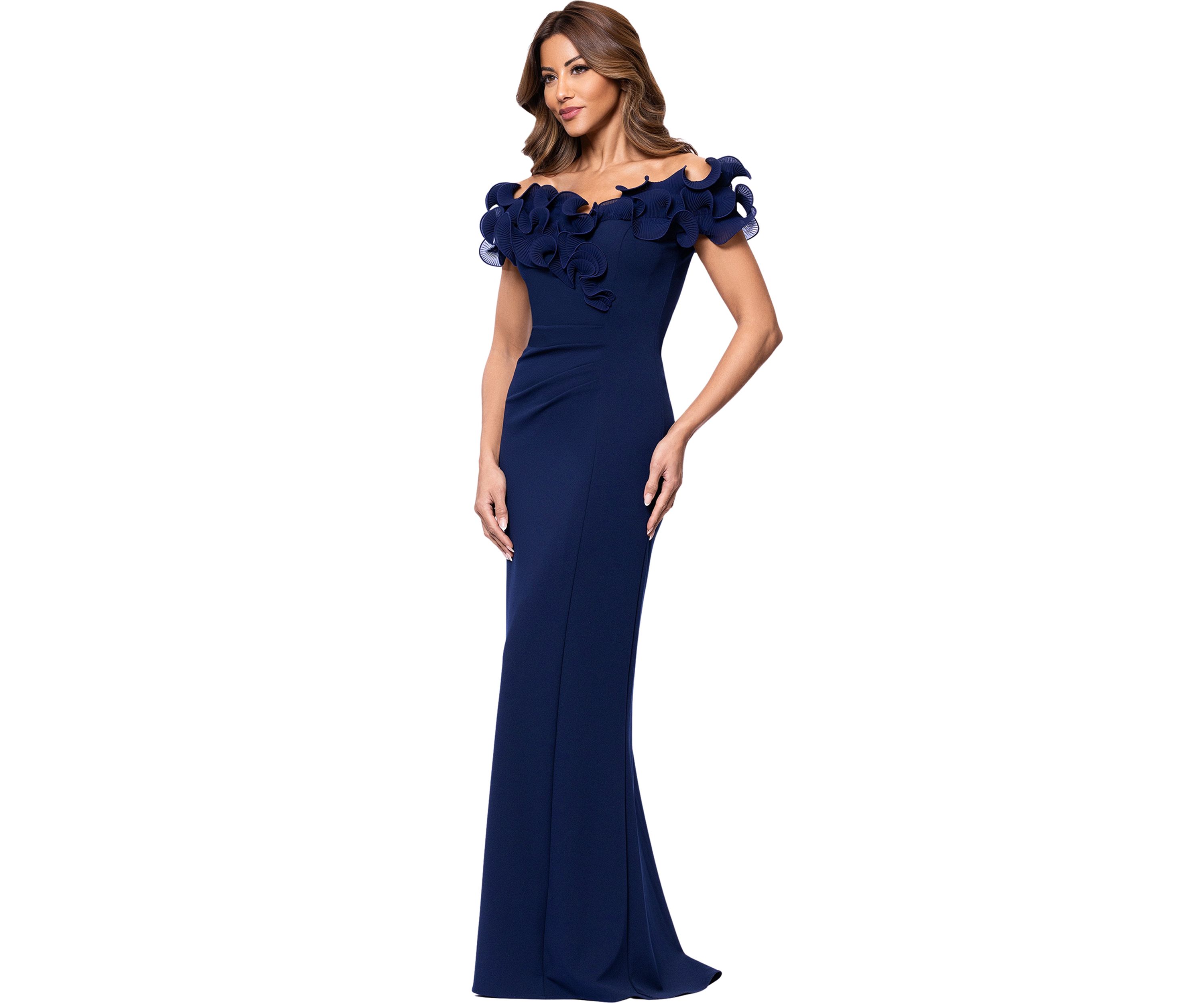Womens Off the Shoulder Scuba Ruffle Sheath Gown