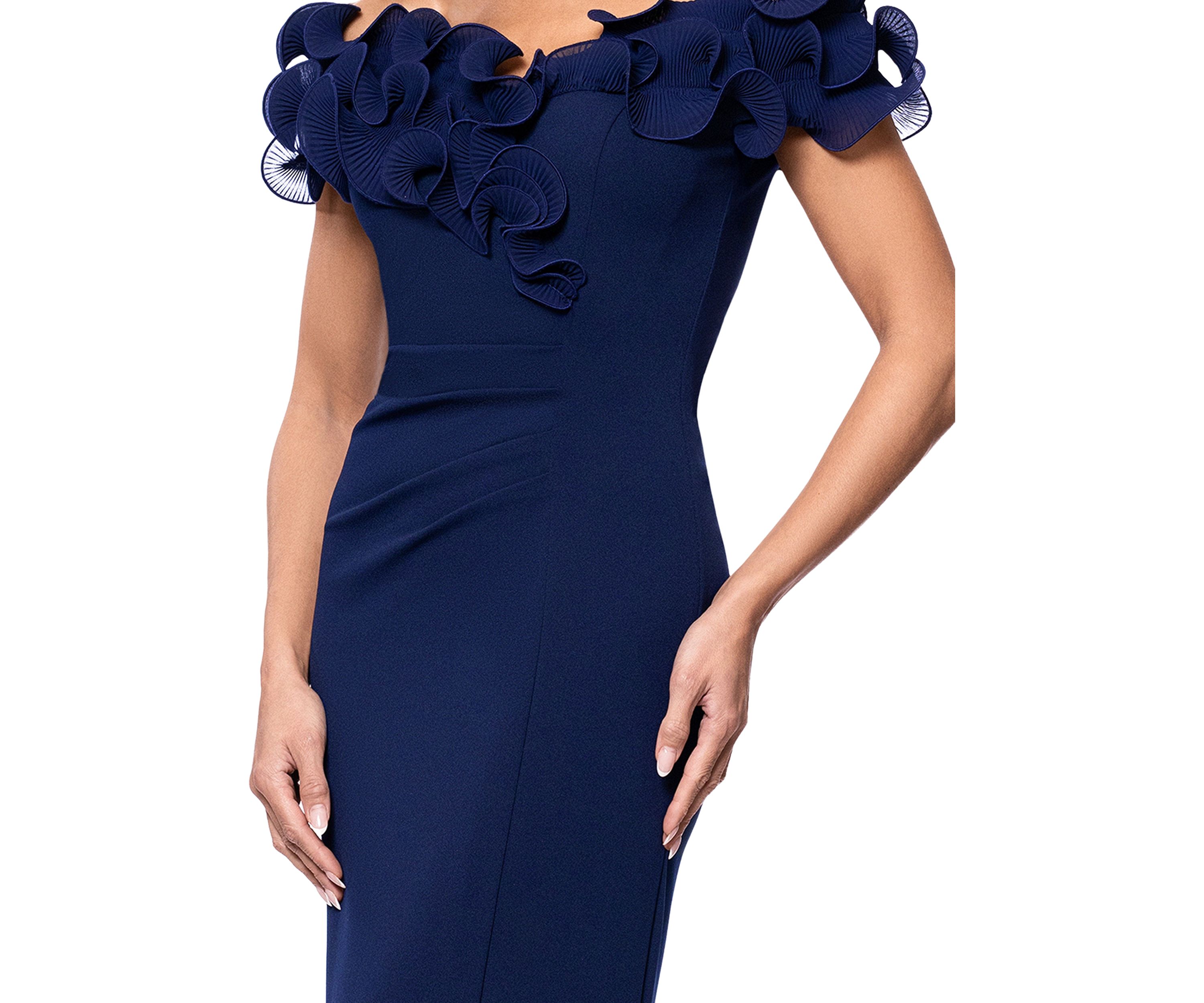 Womens Off the Shoulder Scuba Ruffle Sheath Gown
