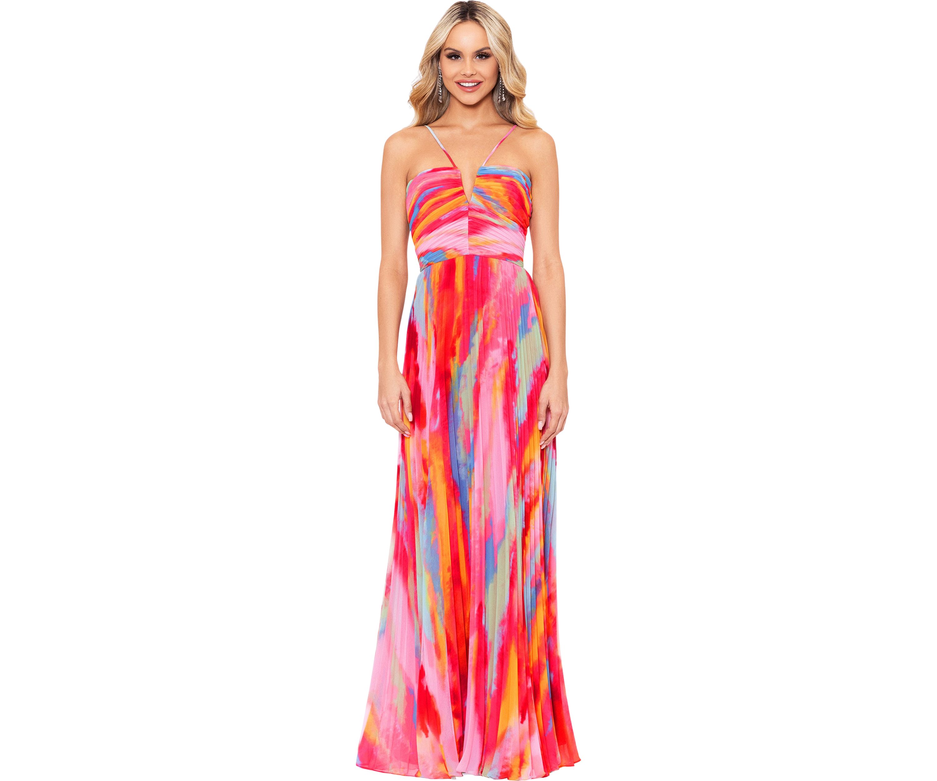 Womens Sleeveless Halter Neck Abstract Print Gown