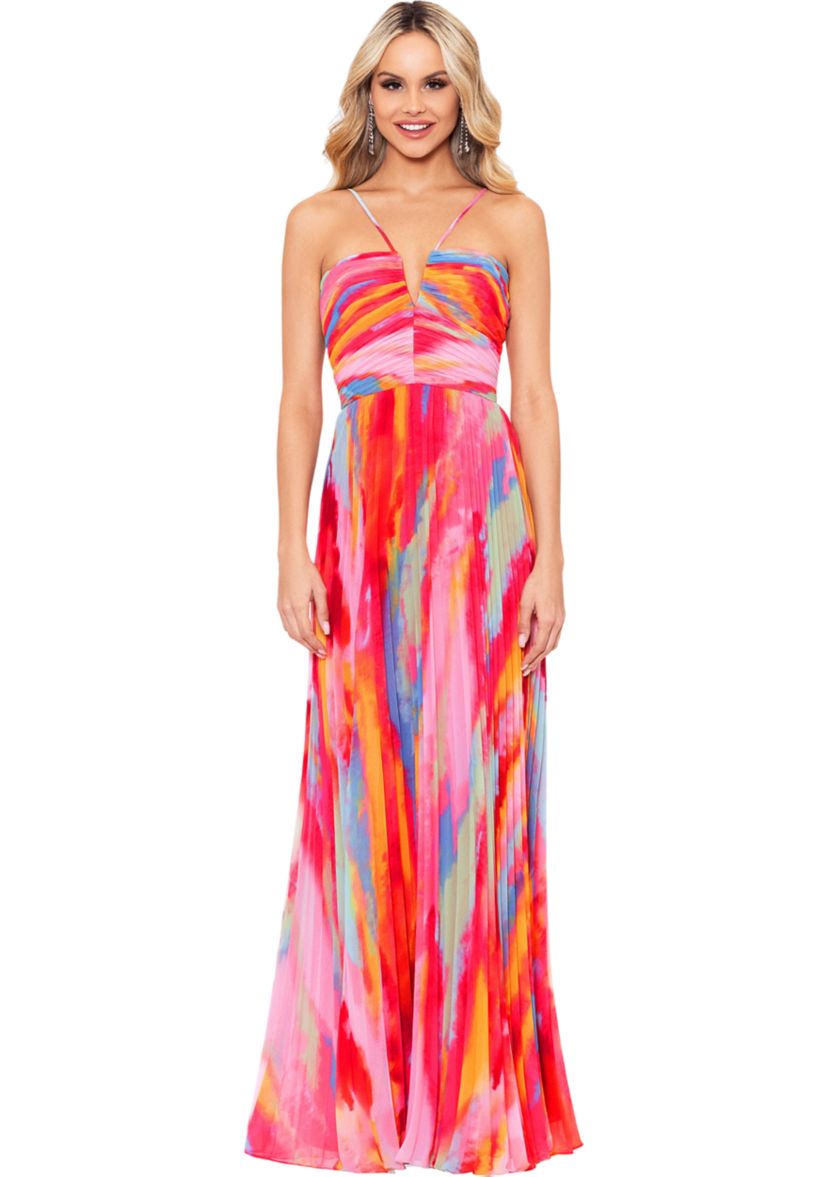Womens Sleeveless Halter Neck Abstract Print Gown