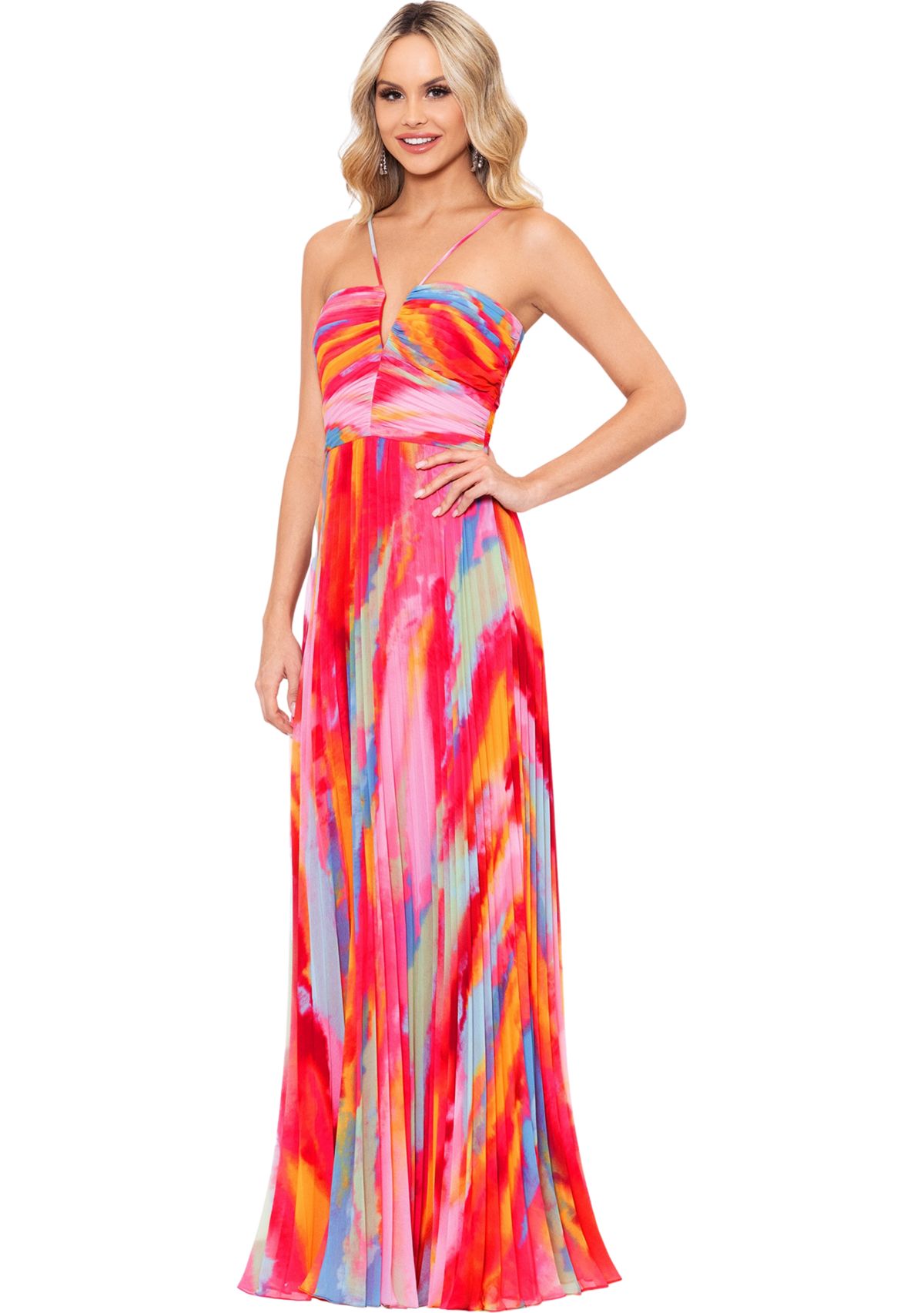 Womens Sleeveless Halter Neck Abstract Print Gown