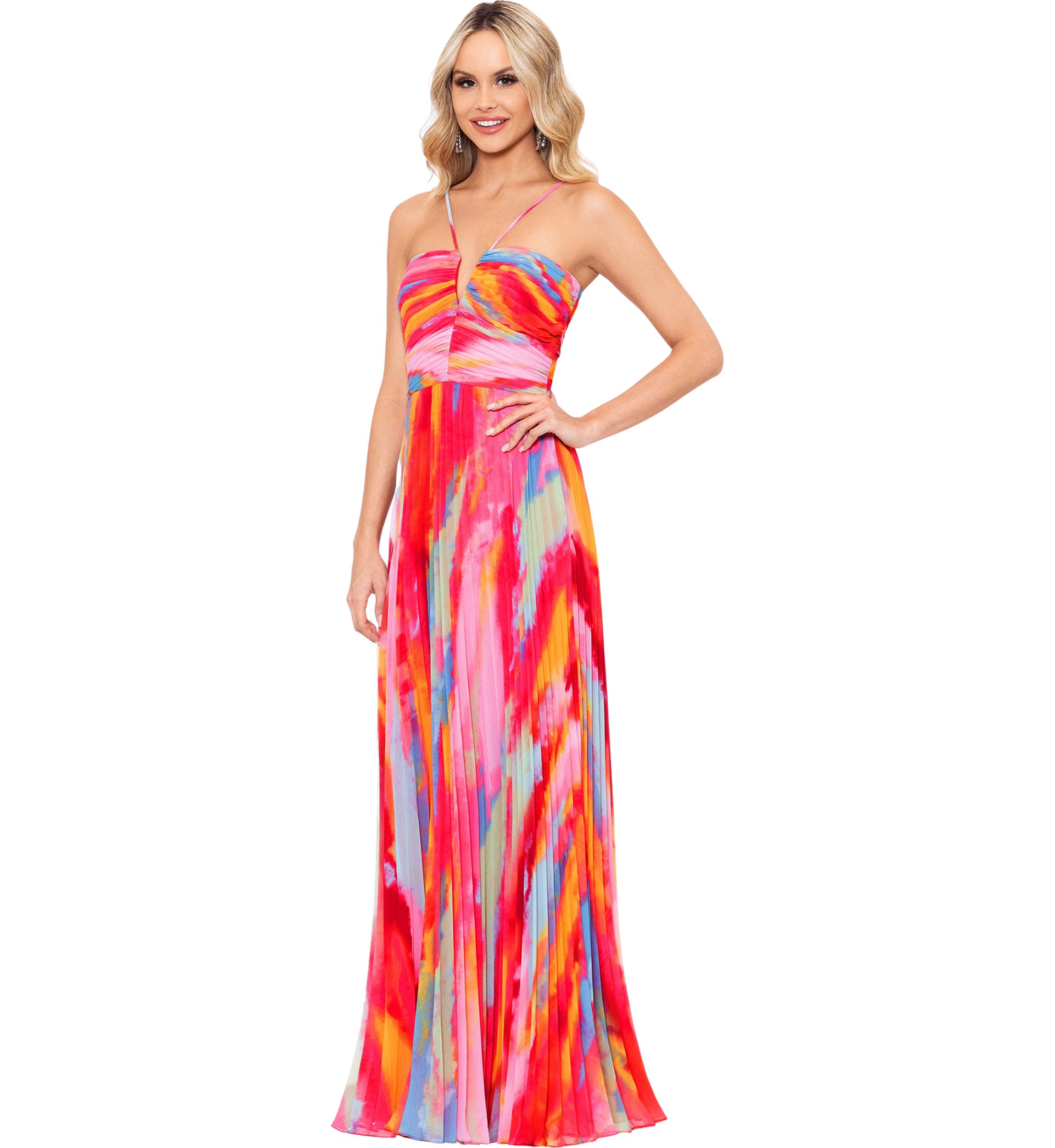 Womens Sleeveless Halter Neck Abstract Print Gown