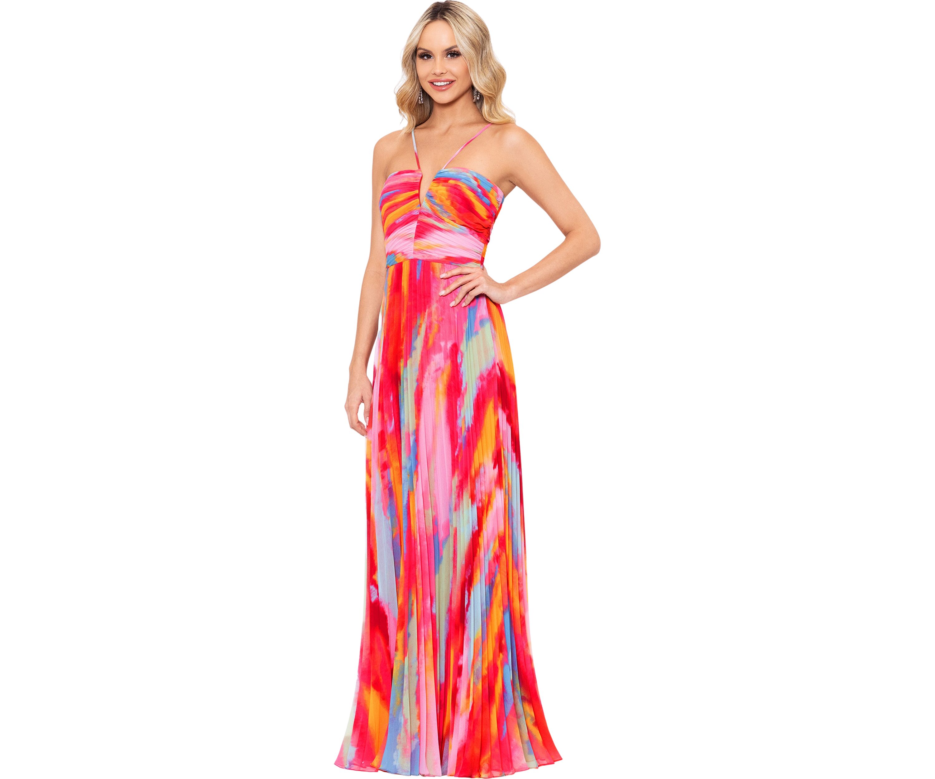 Womens Sleeveless Halter Neck Abstract Print Gown