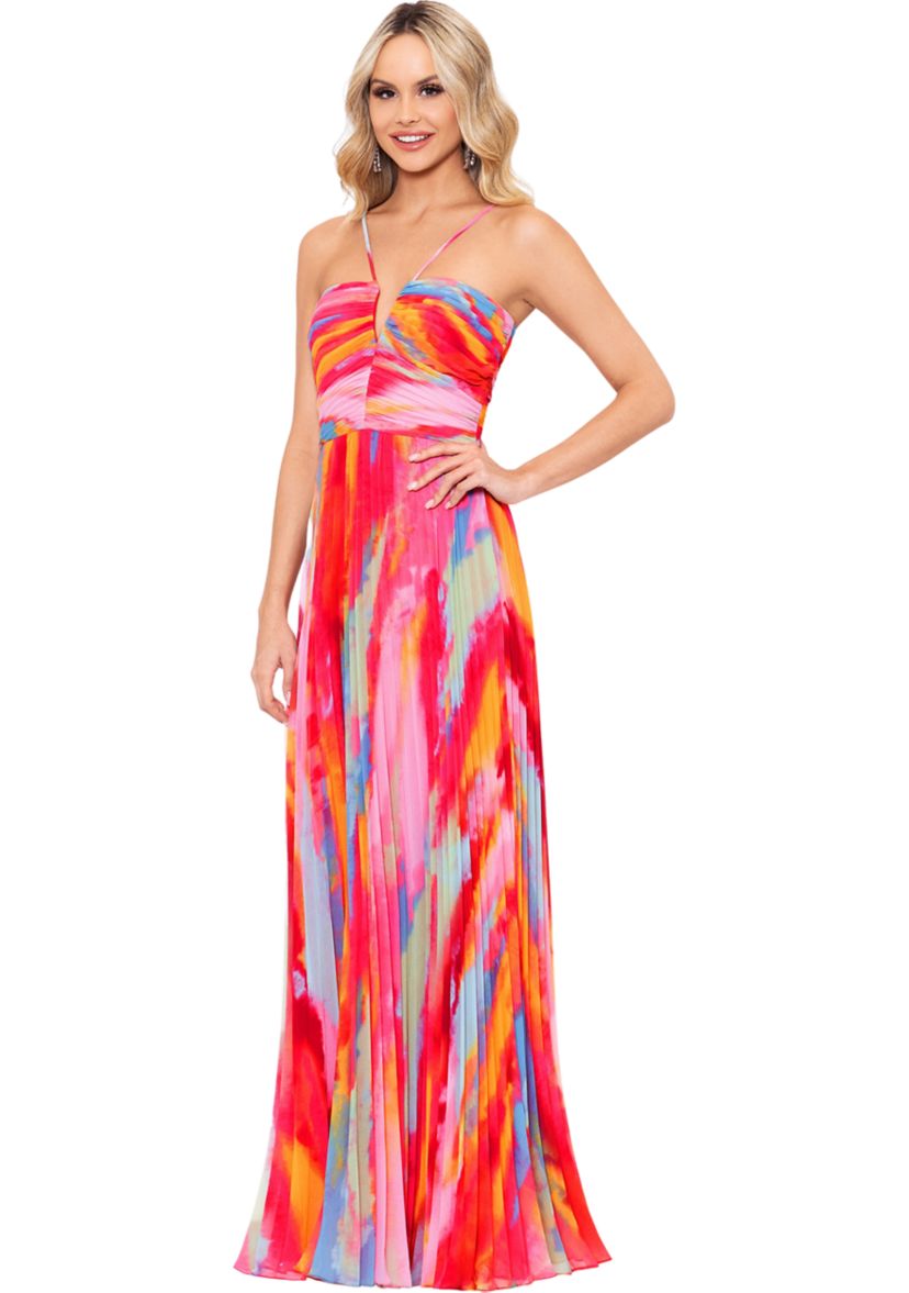 Womens Sleeveless Halter Neck Abstract Print Gown
