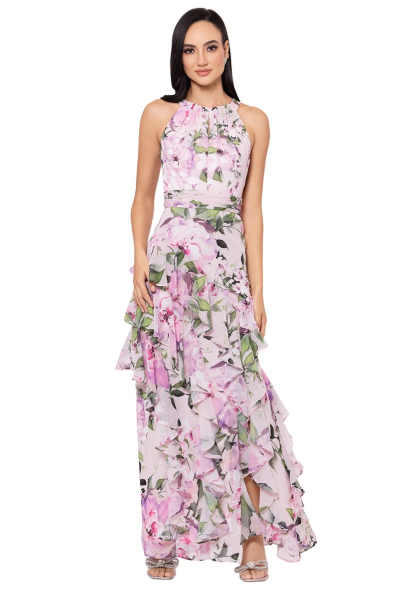 Womens Halter Neck Sleeveless Floral Printed Ruffle Fit and Flare Gown