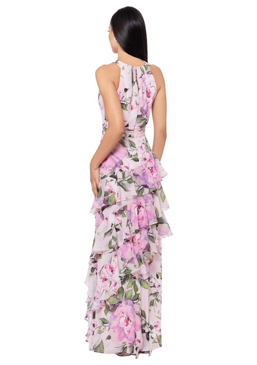 Womens Halter Neck Sleeveless Floral Printed Ruffle Fit and Flare Gown