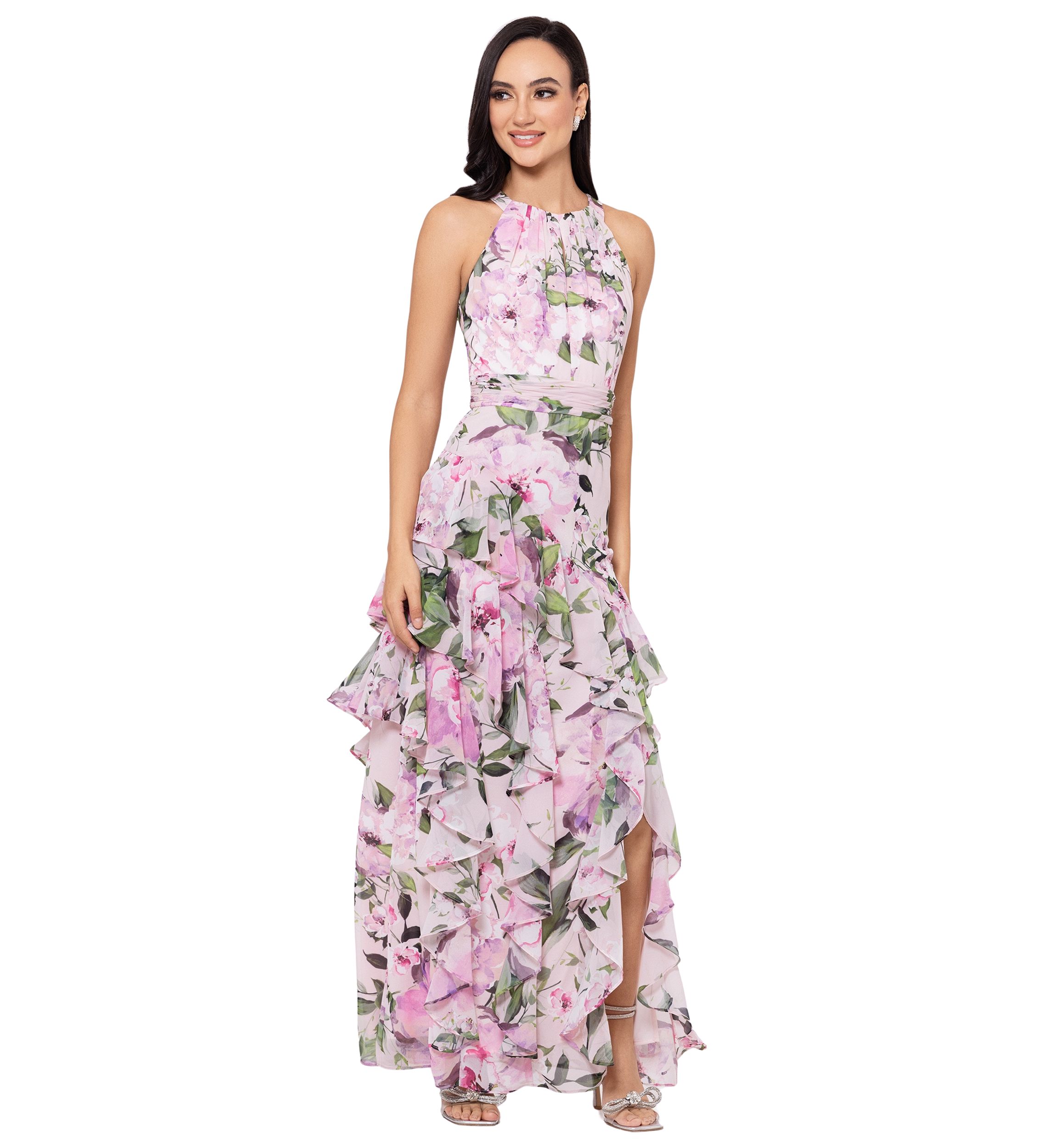 Womens Halter Neck Sleeveless Floral Printed Ruffle Fit and Flare Gown