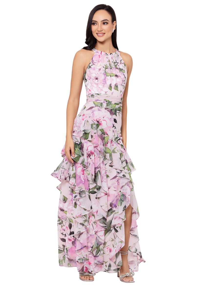 Womens Halter Neck Sleeveless Floral Printed Ruffle Fit and Flare Gown