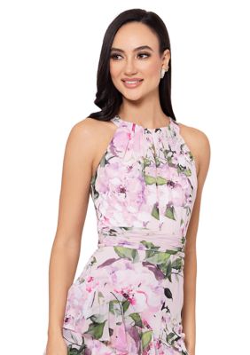 Women's Halter Neck Sleeveless Floral Printed Ruffle Fit and Flare Gown