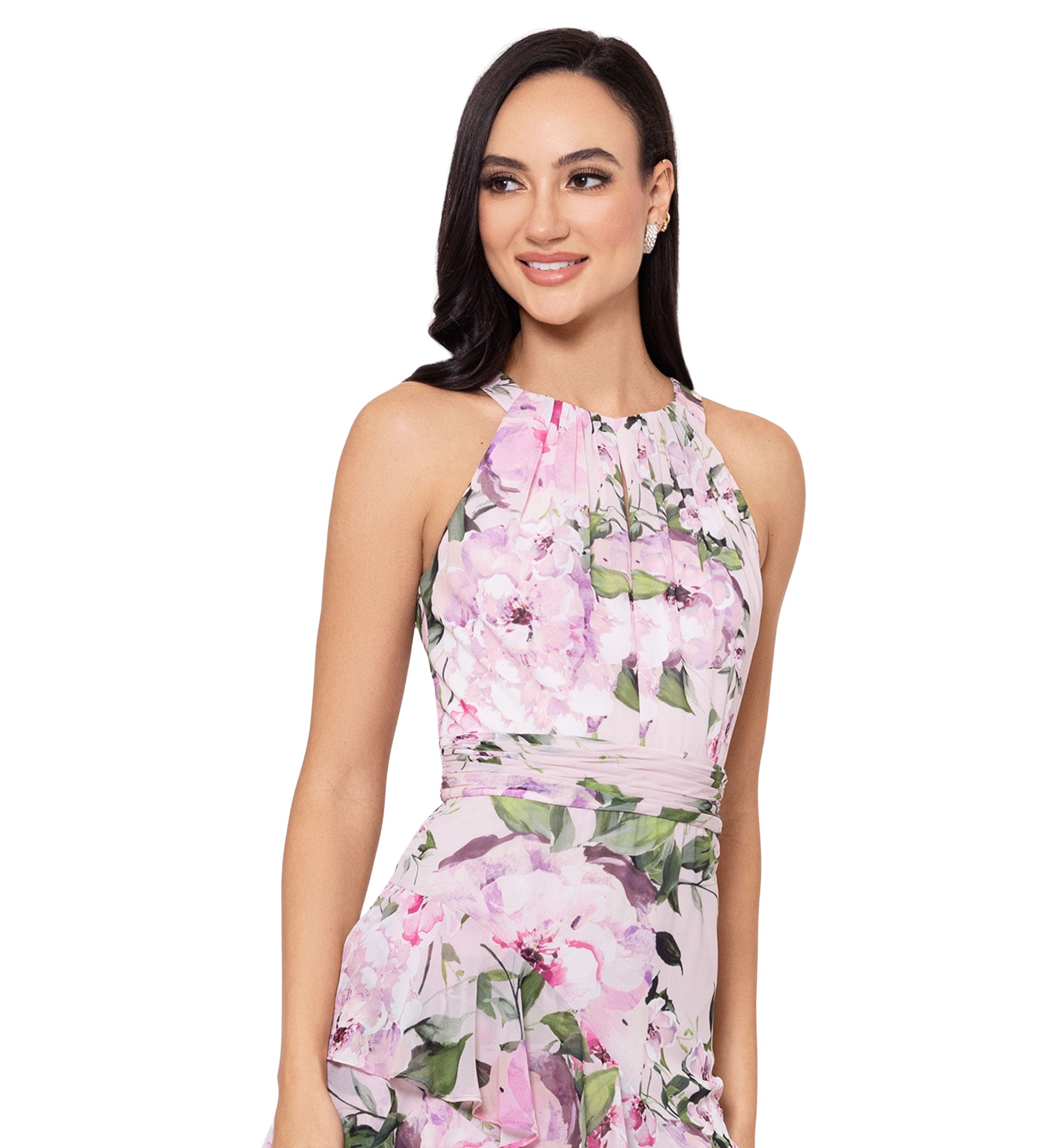 Womens Halter Neck Sleeveless Floral Printed Ruffle Fit and Flare Gown
