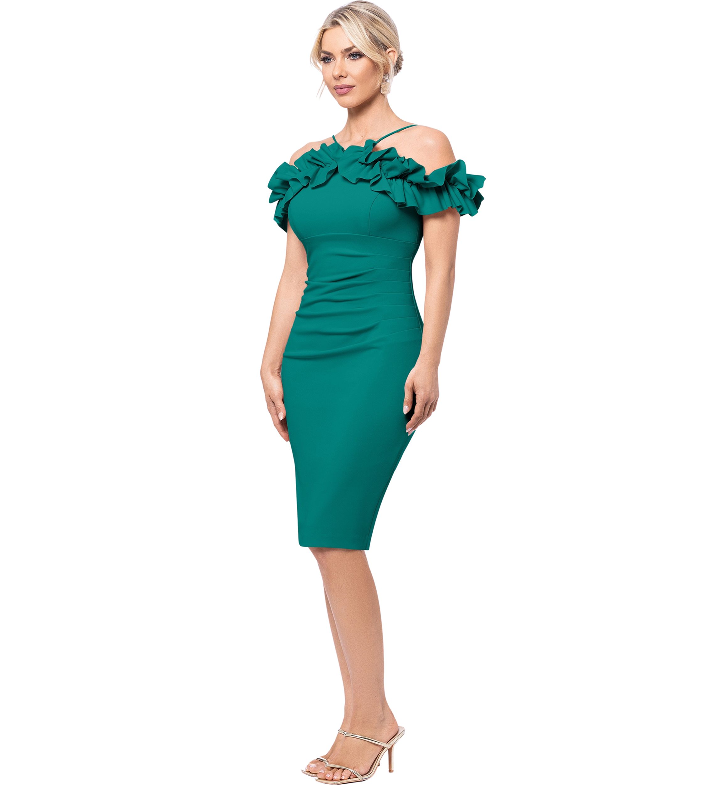 Womens Off the Shoulder Scuba Ruffle Sheath Dress