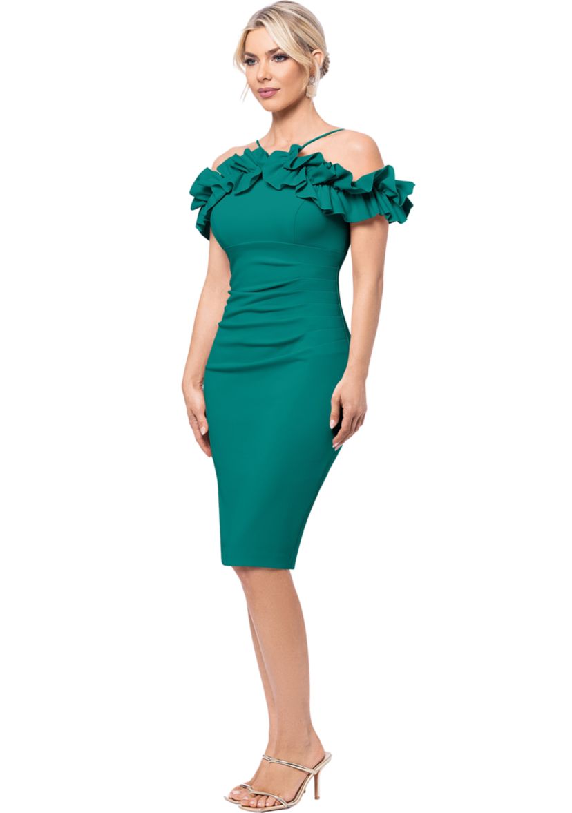 Womens Off the Shoulder Scuba Ruffle Sheath Dress
