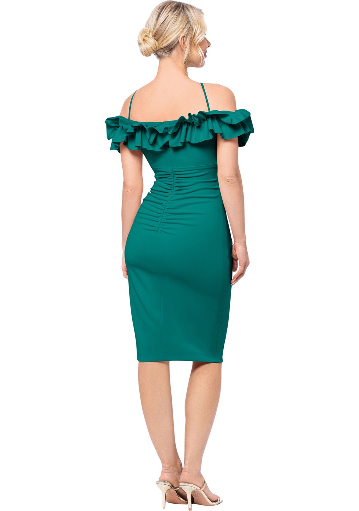 Womens Off the Shoulder Scuba Ruffle Sheath Dress