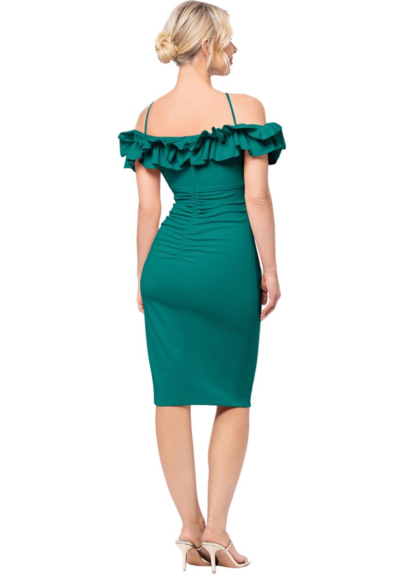 Womens Off the Shoulder Scuba Ruffle Sheath Dress