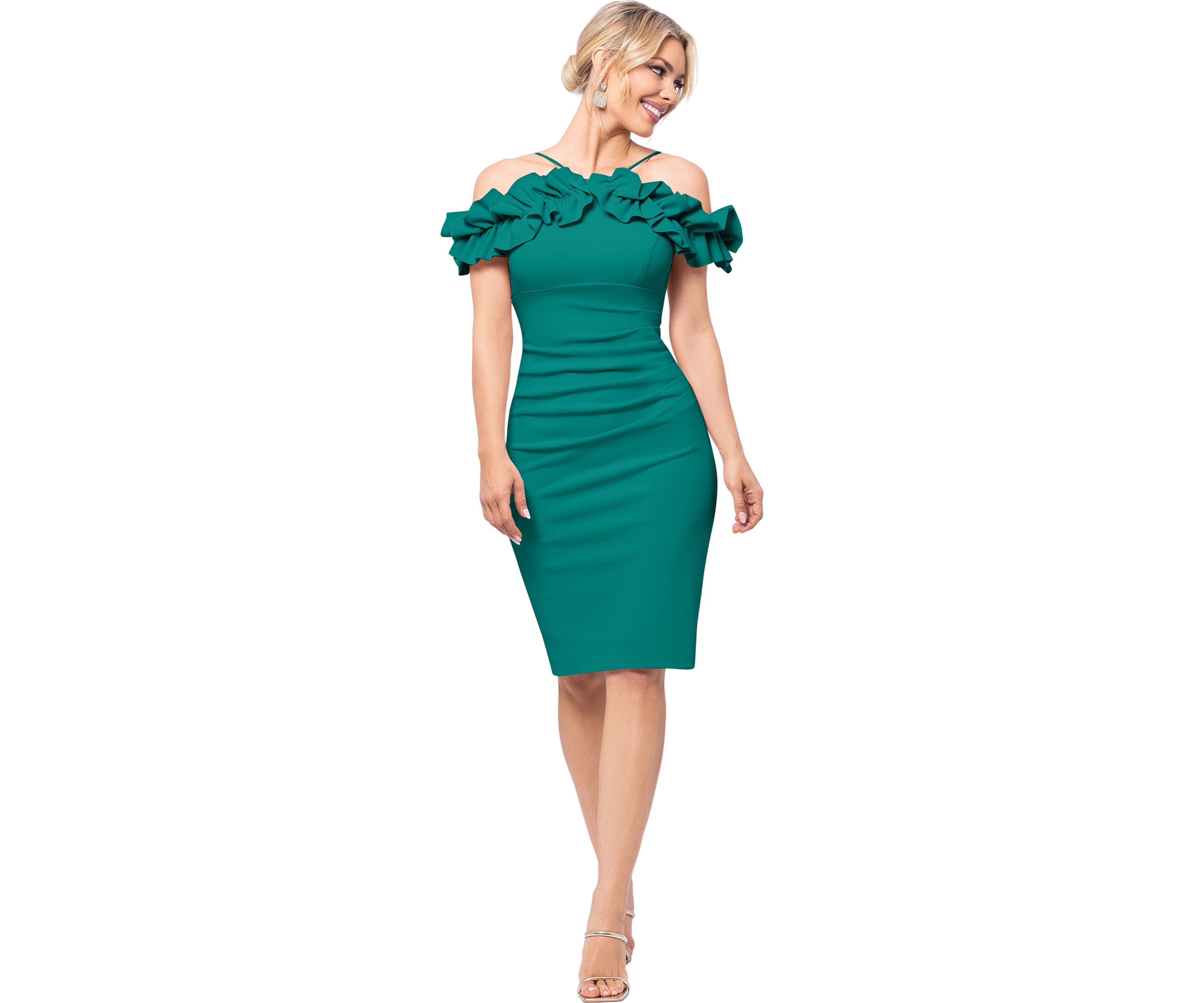 Womens Off the Shoulder Scuba Ruffle Sheath Dress