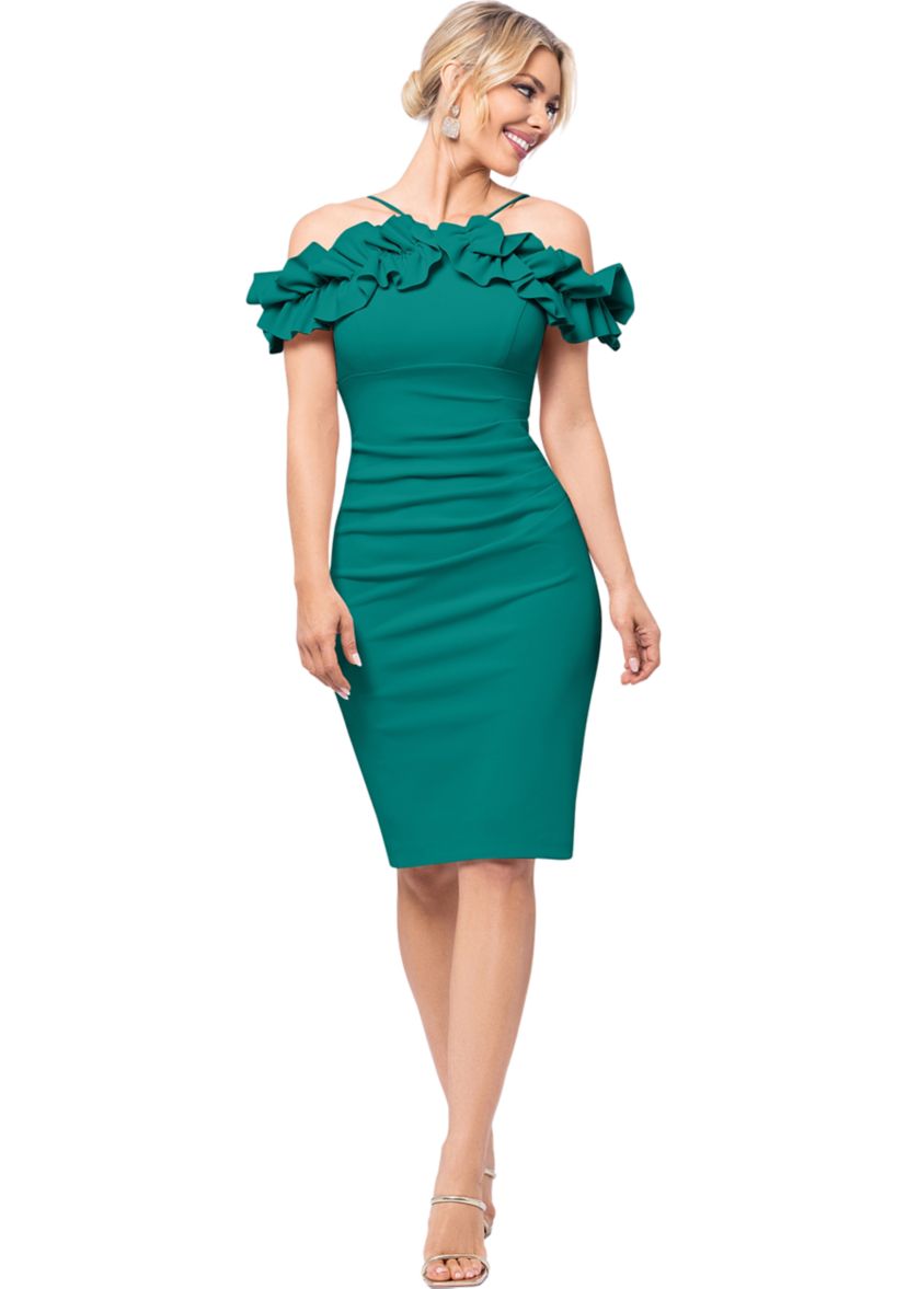Womens Off the Shoulder Scuba Ruffle Sheath Dress