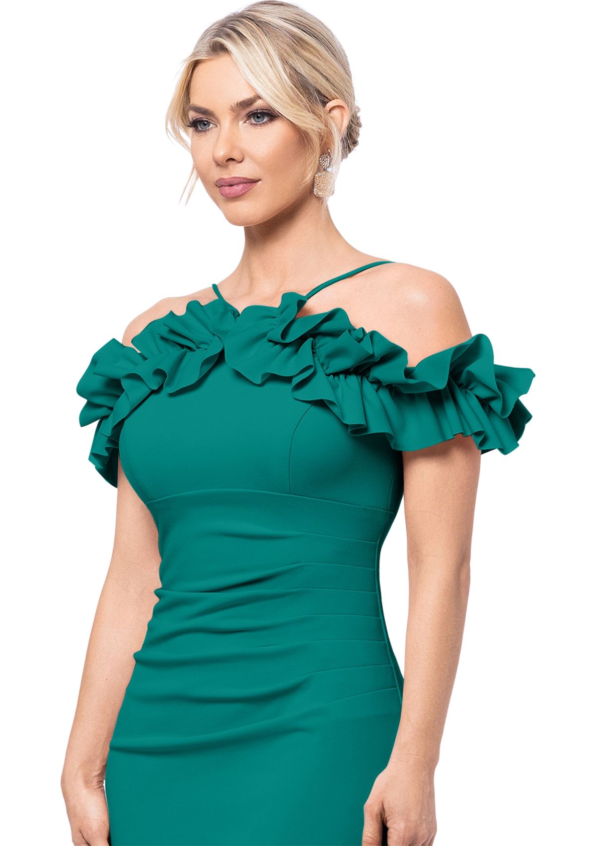 Womens Off the Shoulder Scuba Ruffle Sheath Dress