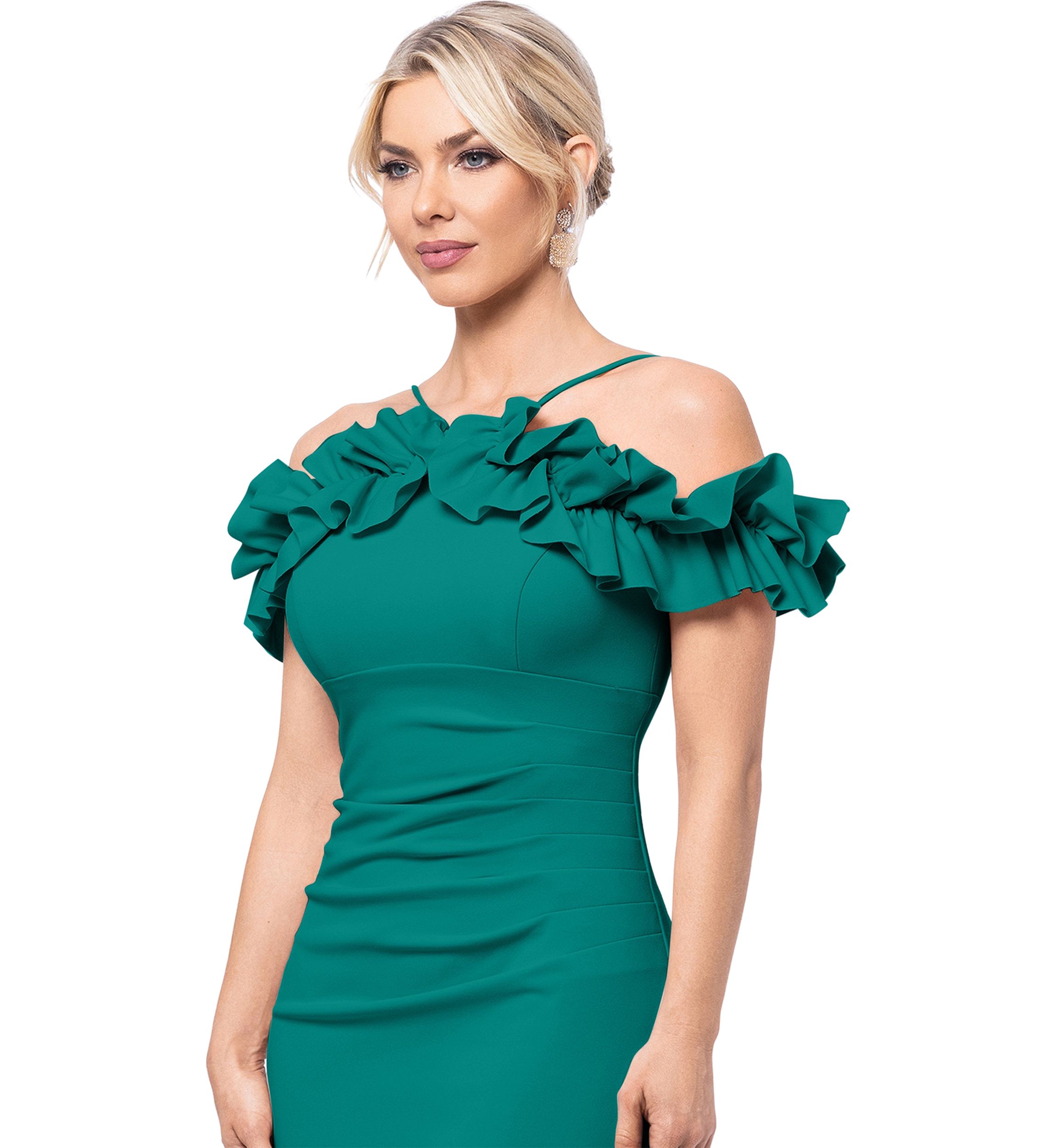Womens Off the Shoulder Scuba Ruffle Sheath Dress