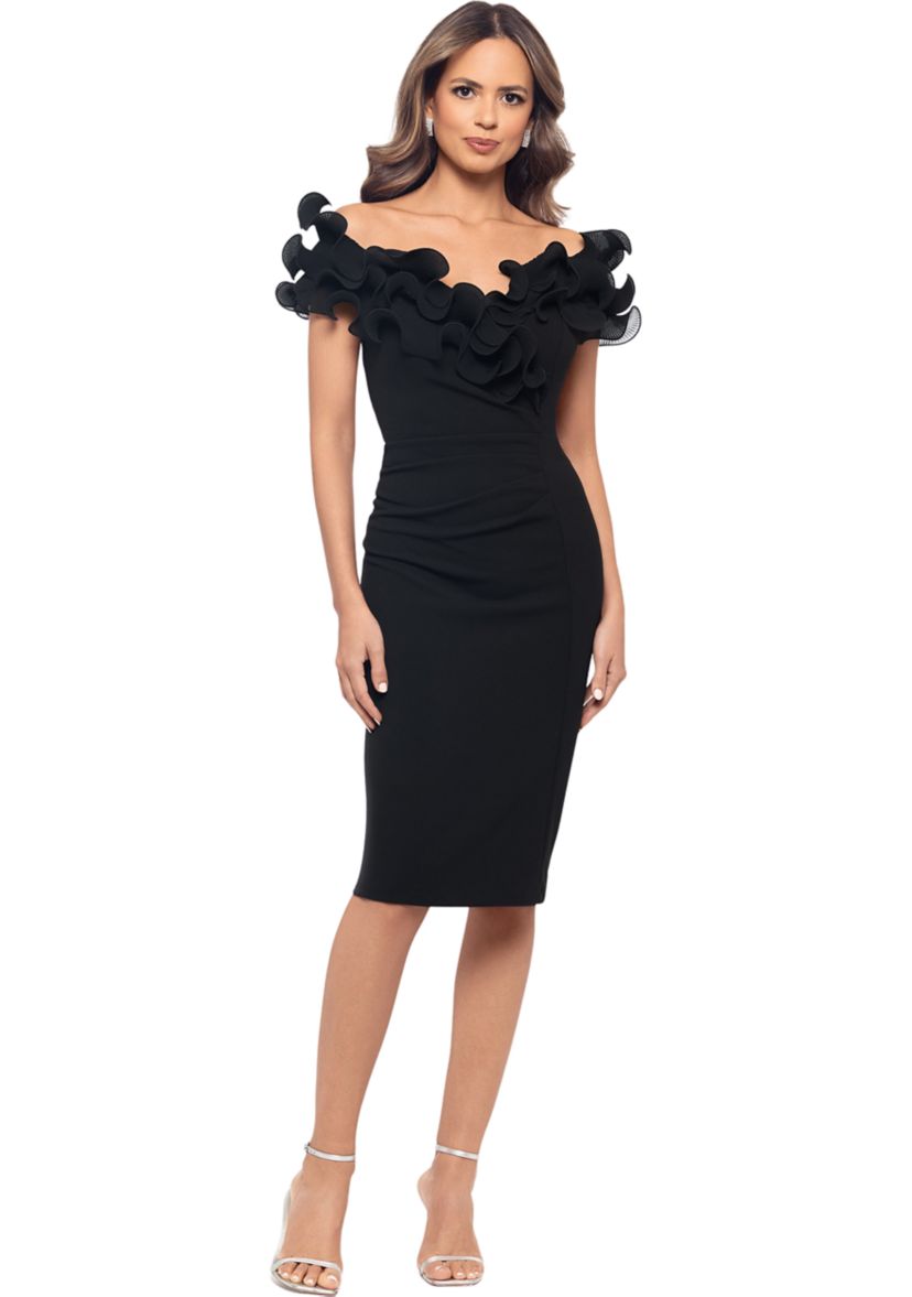 Womens Off the Shoulder Scuba Ruffle Sheath Dress