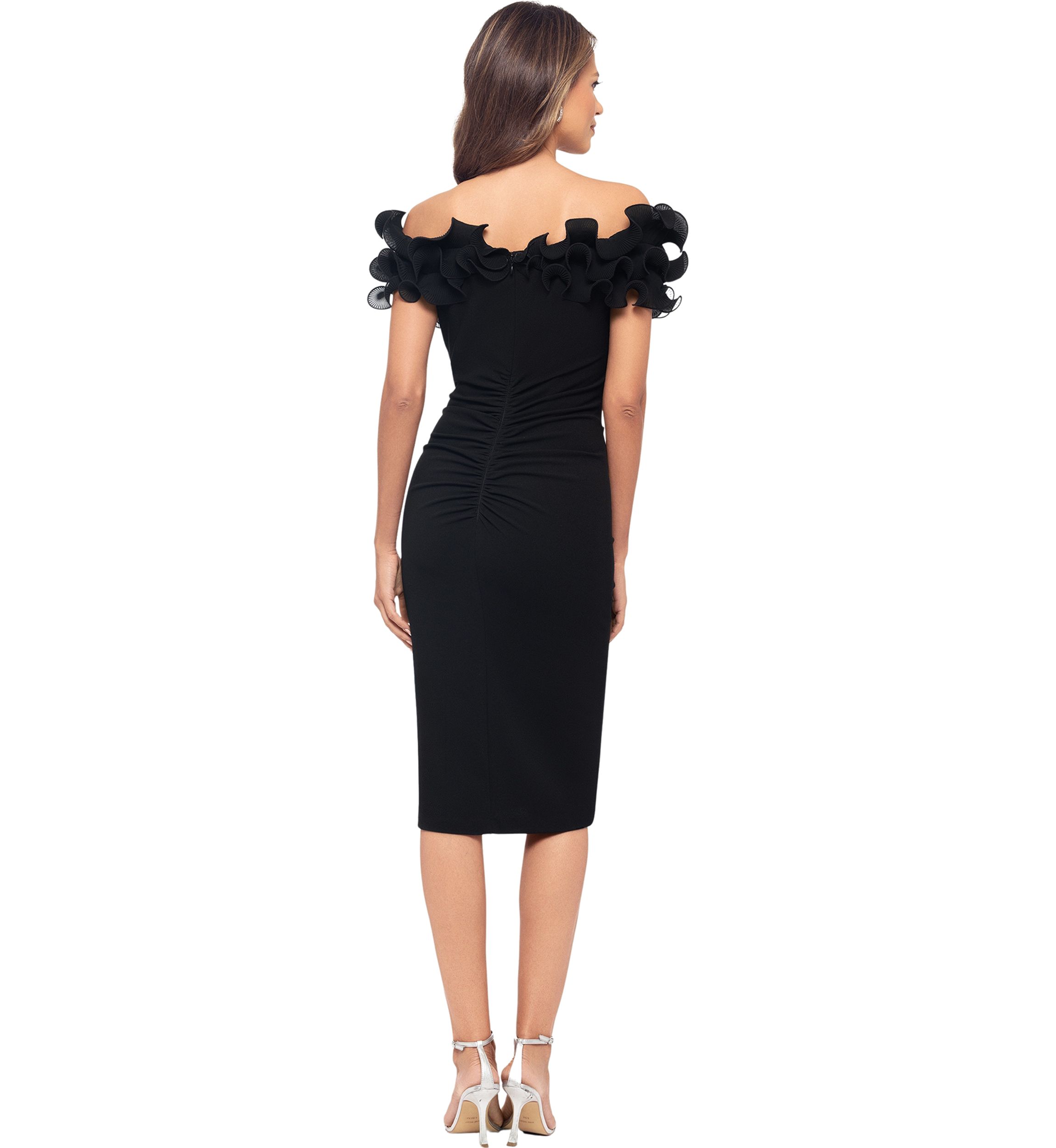 Womens Off the Shoulder Scuba Ruffle Sheath Dress