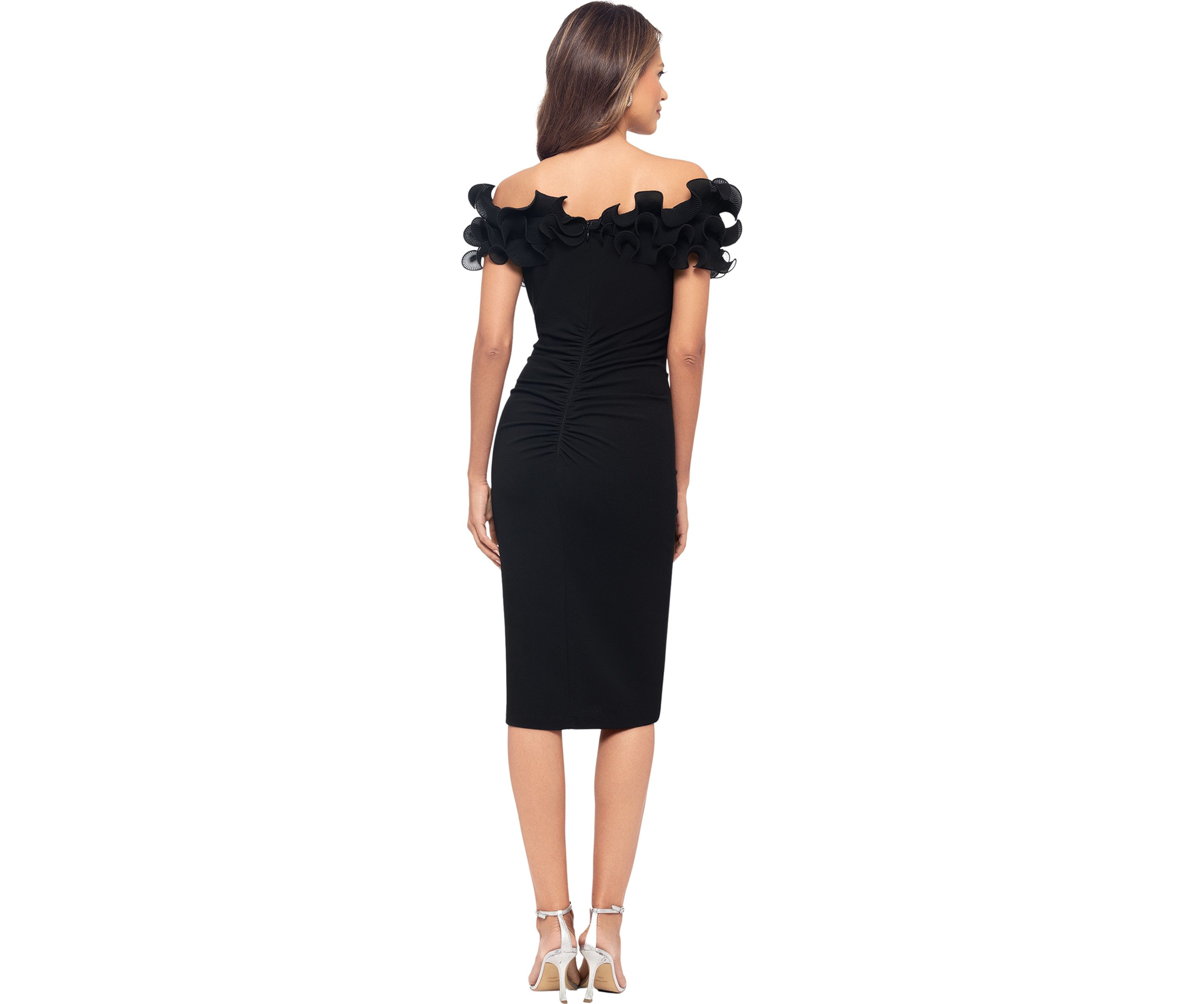 Womens Off the Shoulder Scuba Ruffle Sheath Dress