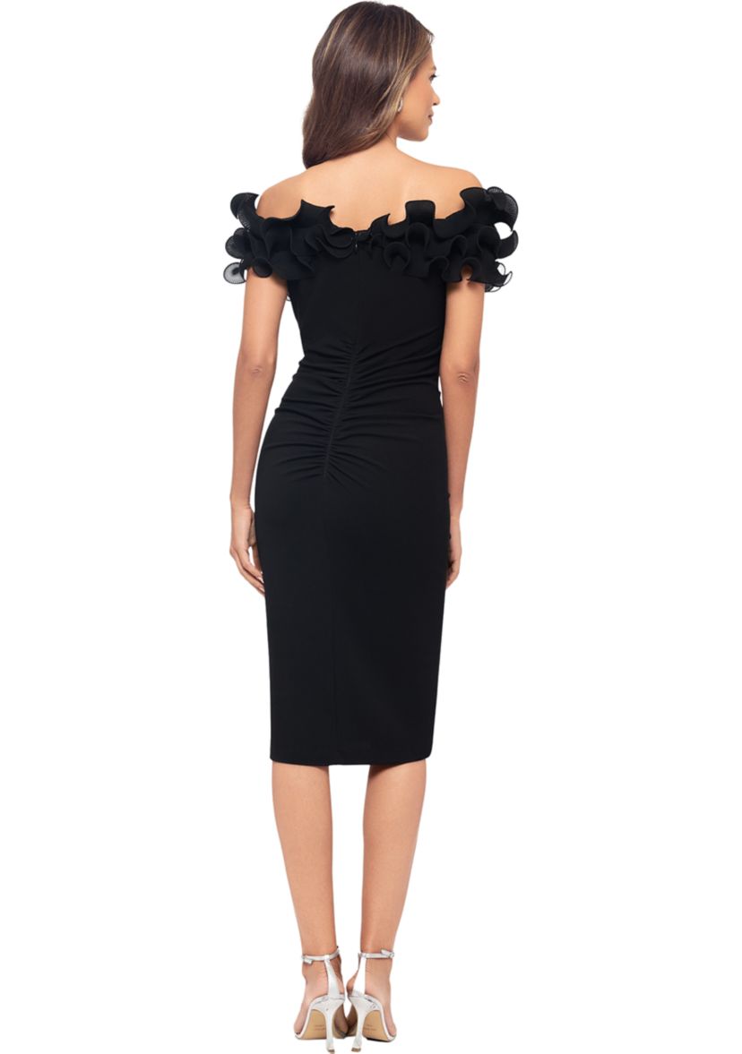 Womens Off the Shoulder Scuba Ruffle Sheath Dress