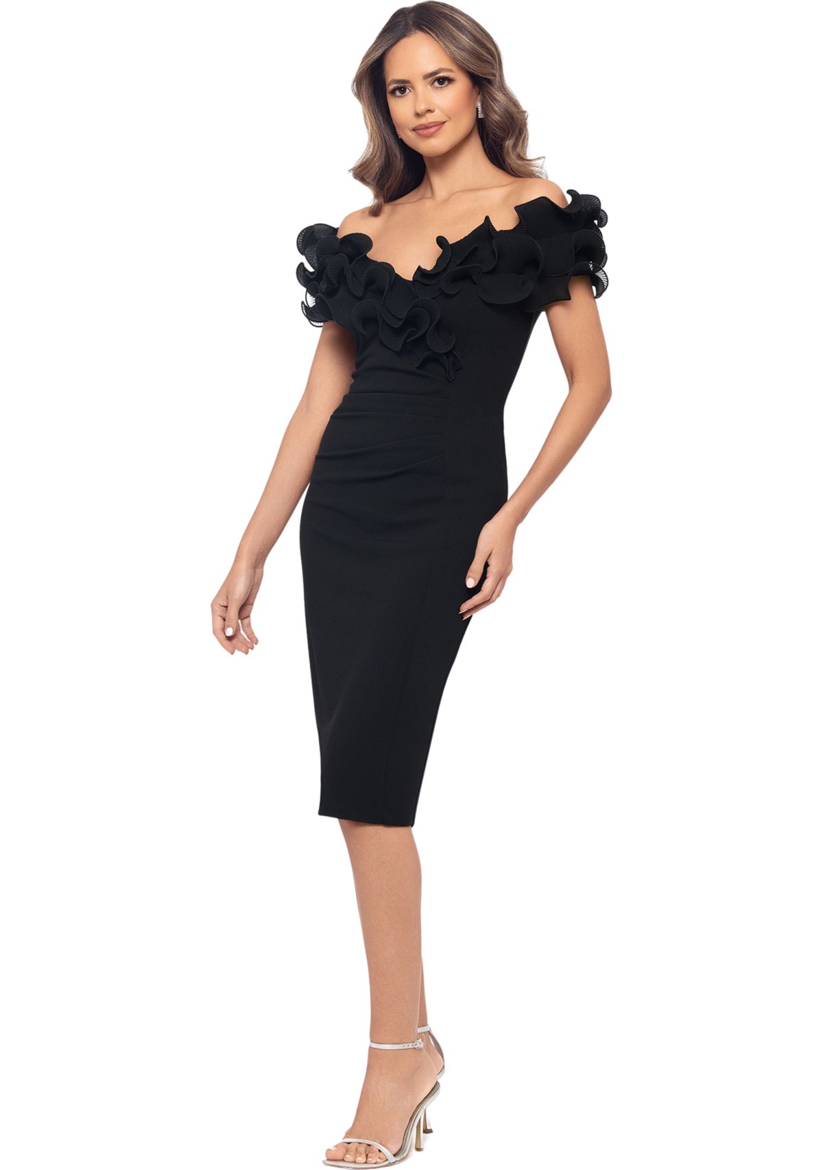 Womens Off the Shoulder Scuba Ruffle Sheath Dress