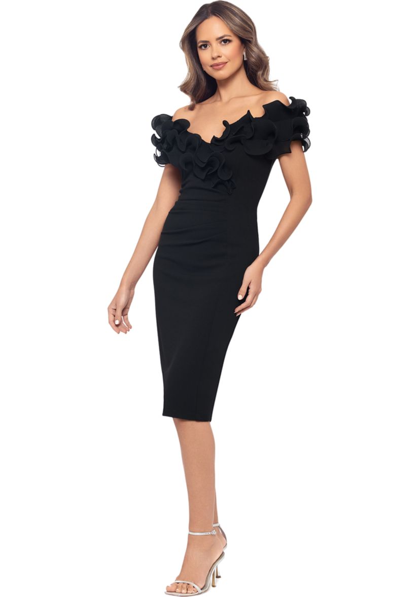 Womens Off the Shoulder Scuba Ruffle Sheath Dress