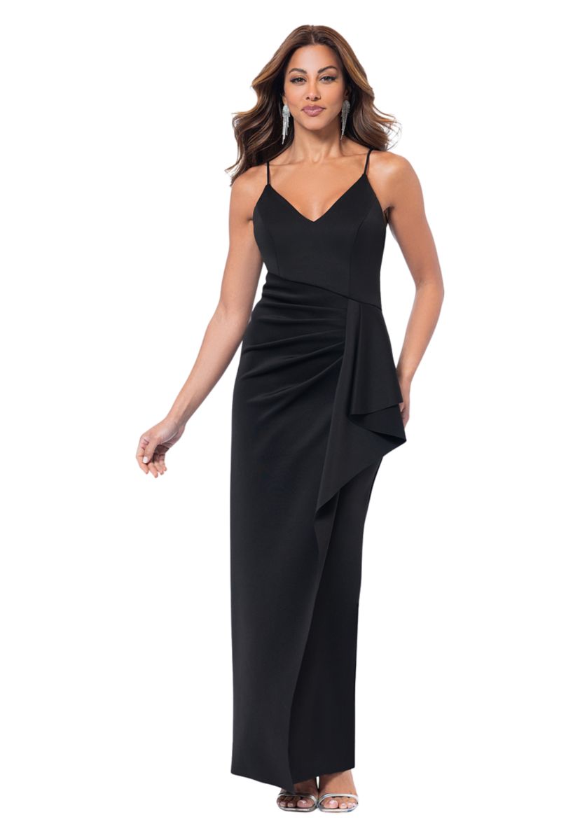 Womens Sleeveless V-Neck Solid Side Ruffle Gown