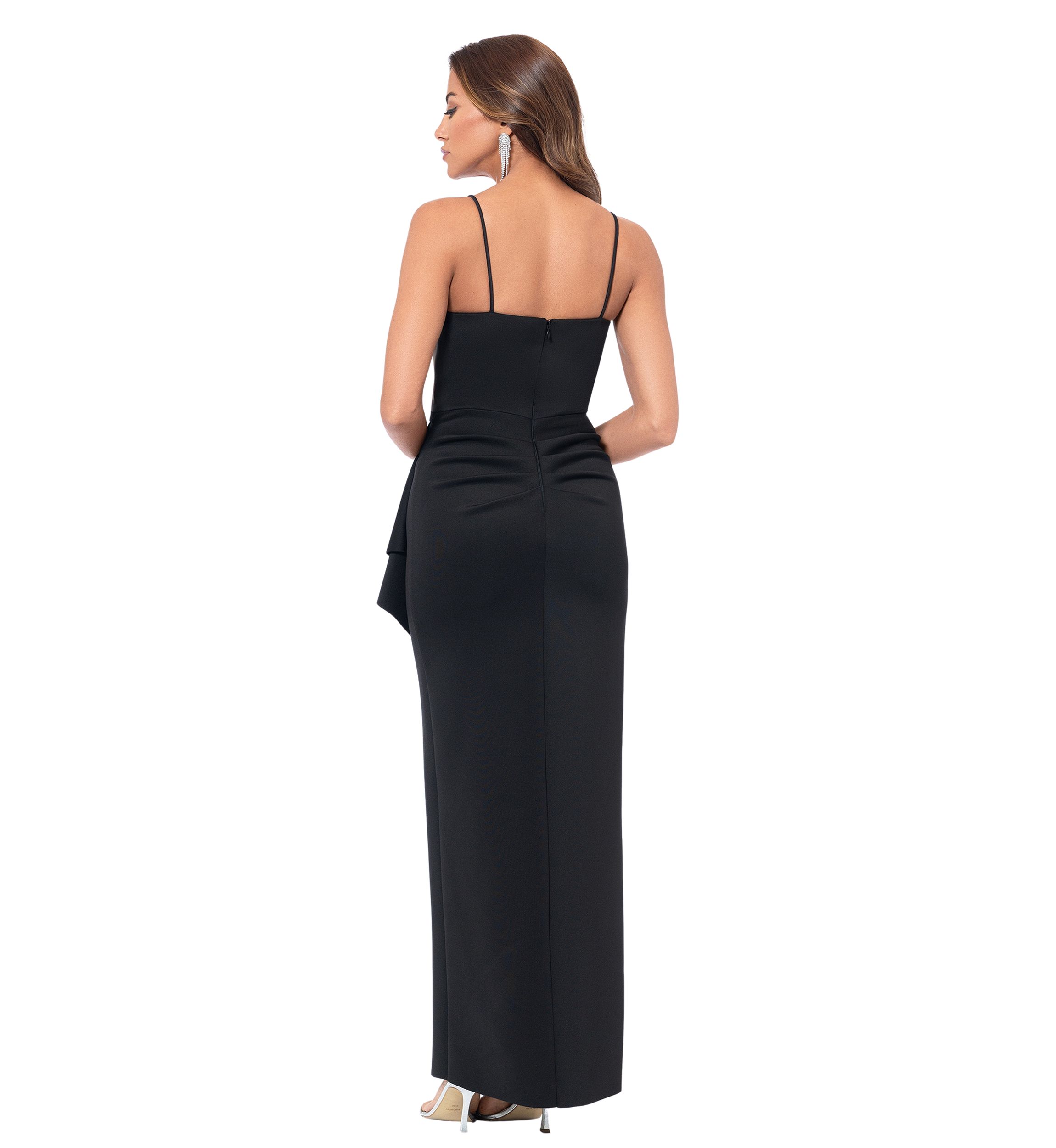 Womens Sleeveless V-Neck Solid Side Ruffle Gown