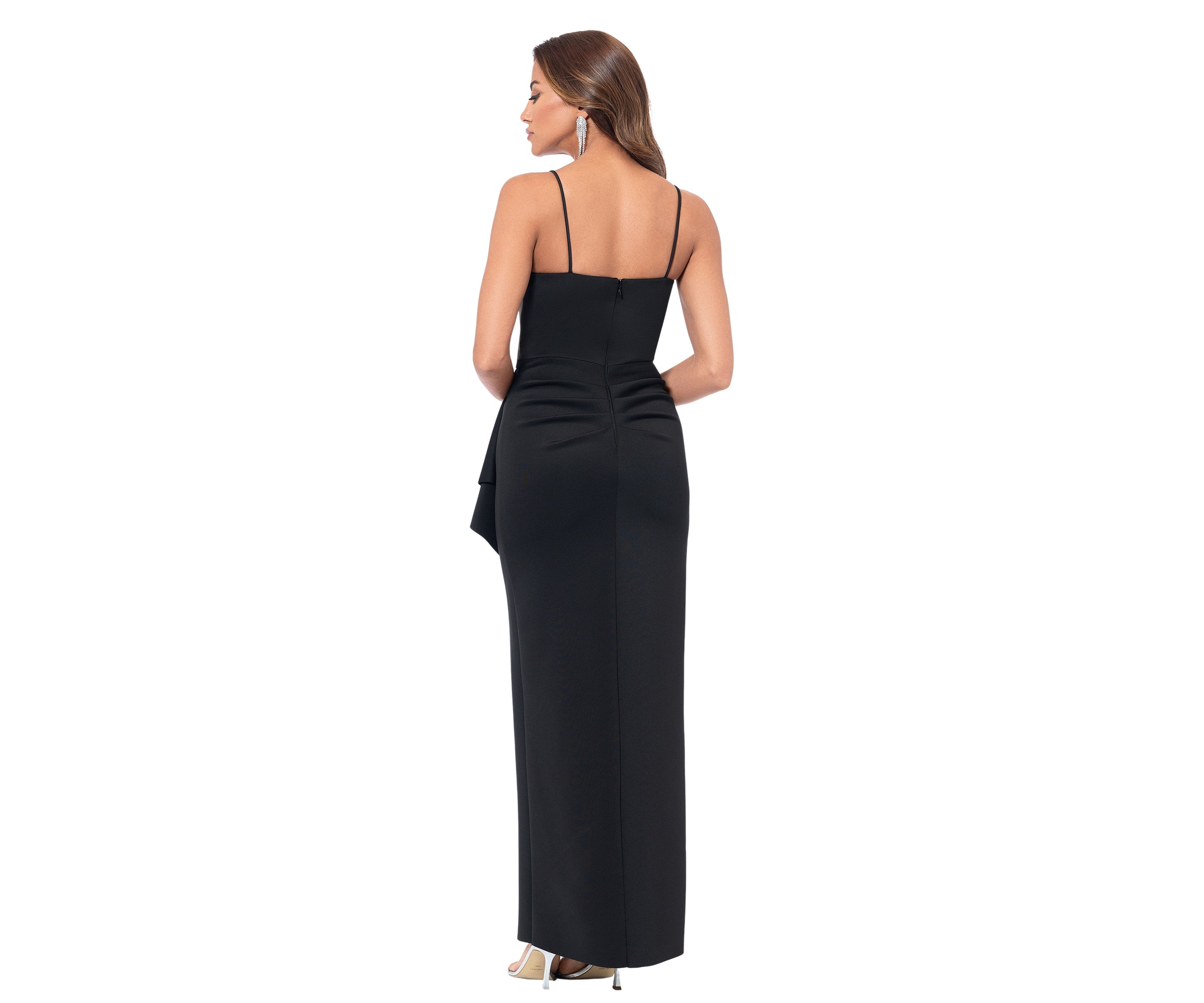 Womens Sleeveless V-Neck Solid Side Ruffle Gown