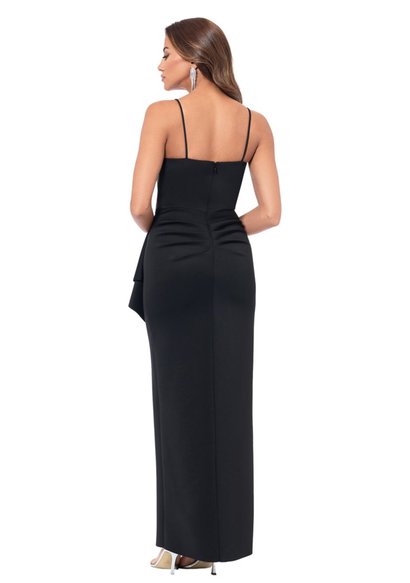 Womens Sleeveless V-Neck Solid Side Ruffle Gown