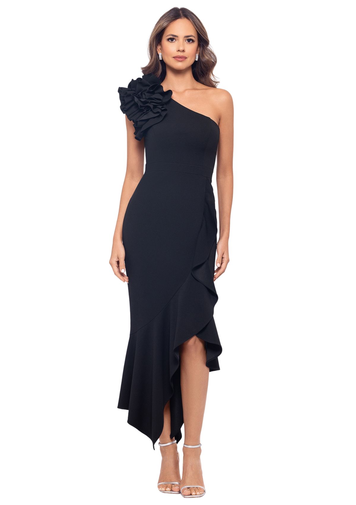 Womens Sleeveless Asymmetrical Neck Ruffle Gown 