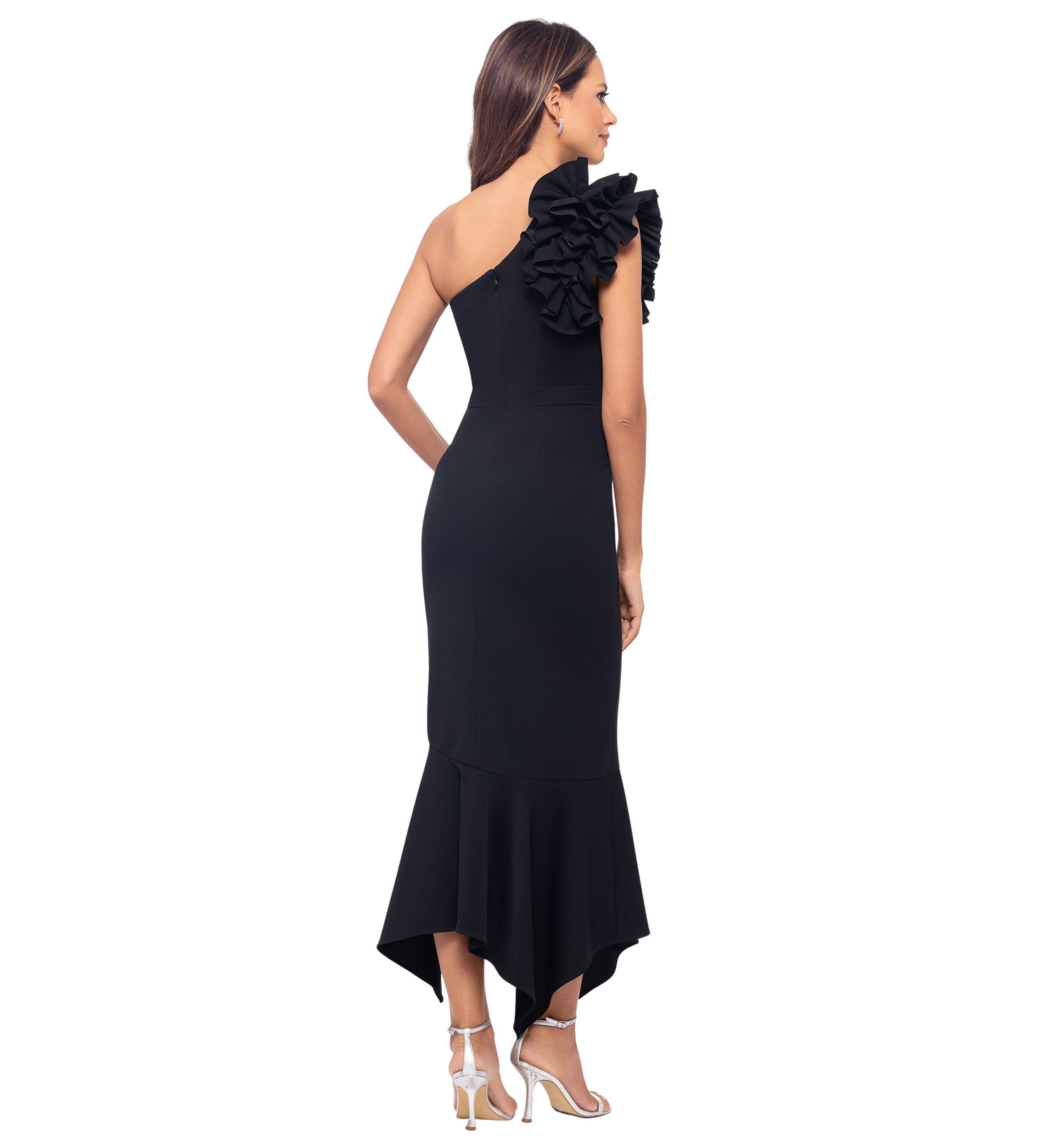 Womens Sleeveless Asymmetrical Neck Ruffle Gown 
