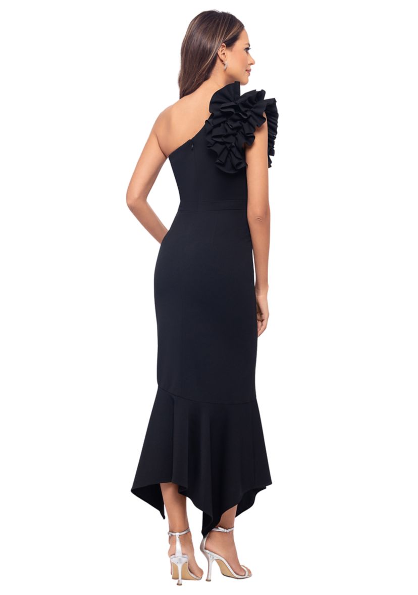Womens Sleeveless Asymmetrical Neck Ruffle Gown 