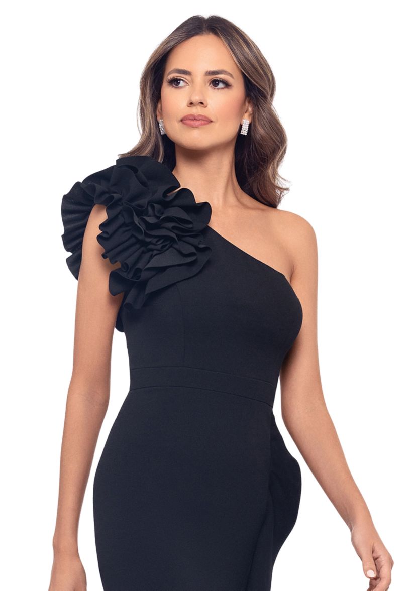 Womens Sleeveless Asymmetrical Neck Ruffle Gown 