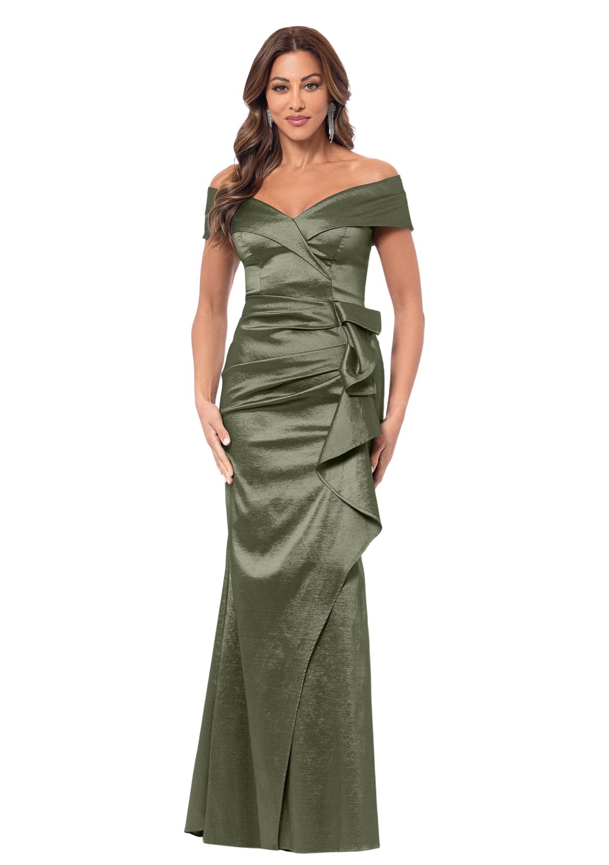 Womens Sleeveless Off the Shoulder Solid Ruffle Gown