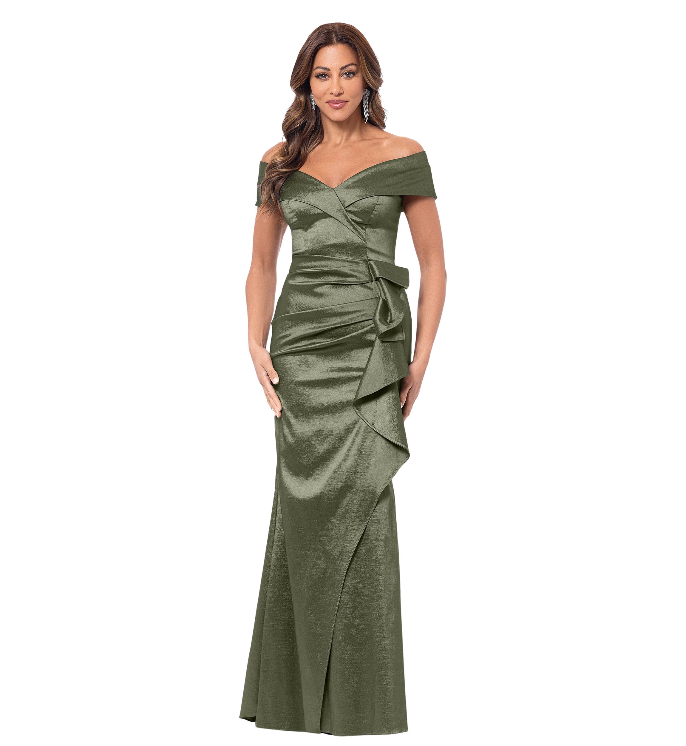 Womens Sleeveless Off the Shoulder Solid Ruffle Gown