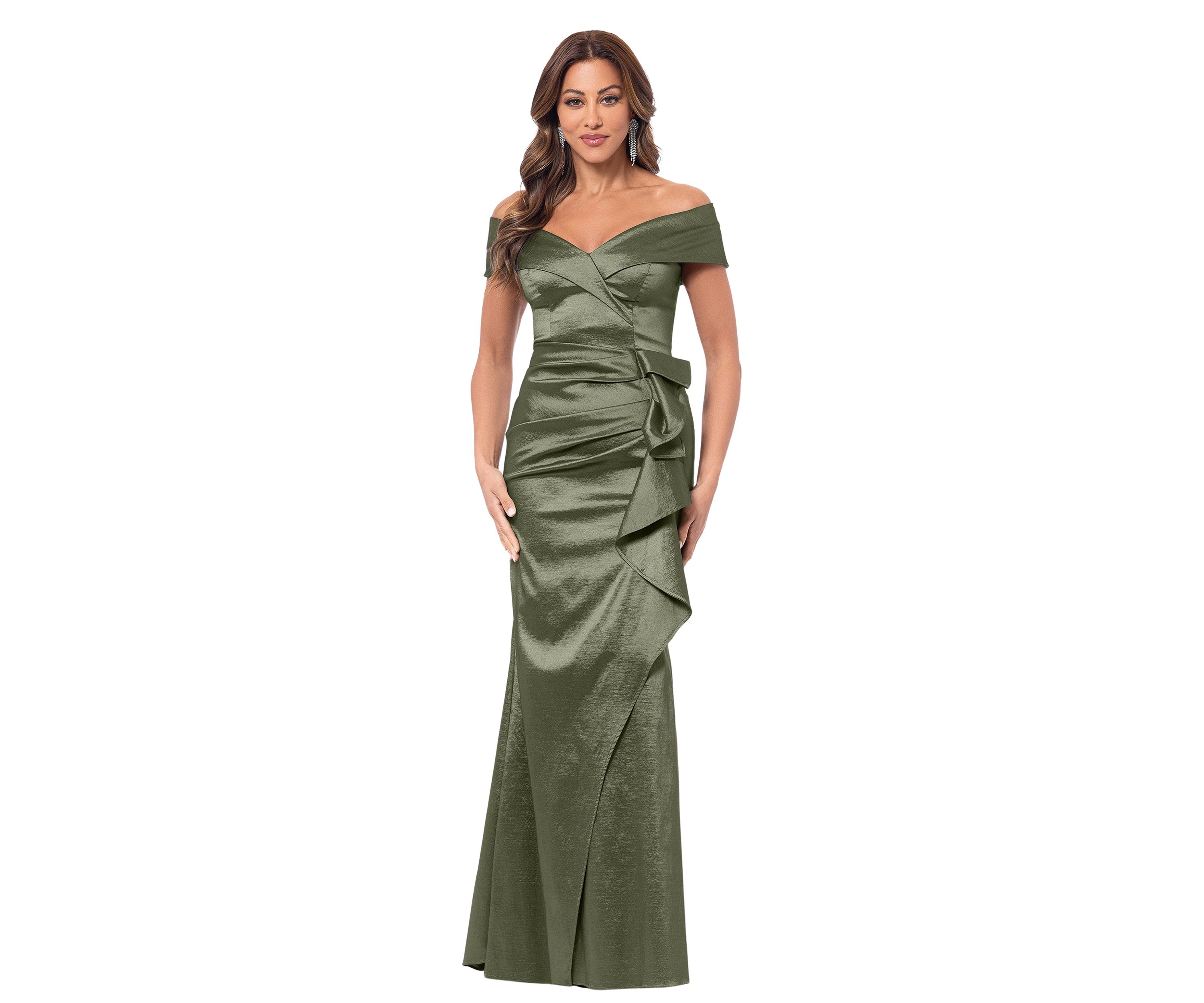 Womens Sleeveless Off the Shoulder Solid Ruffle Gown