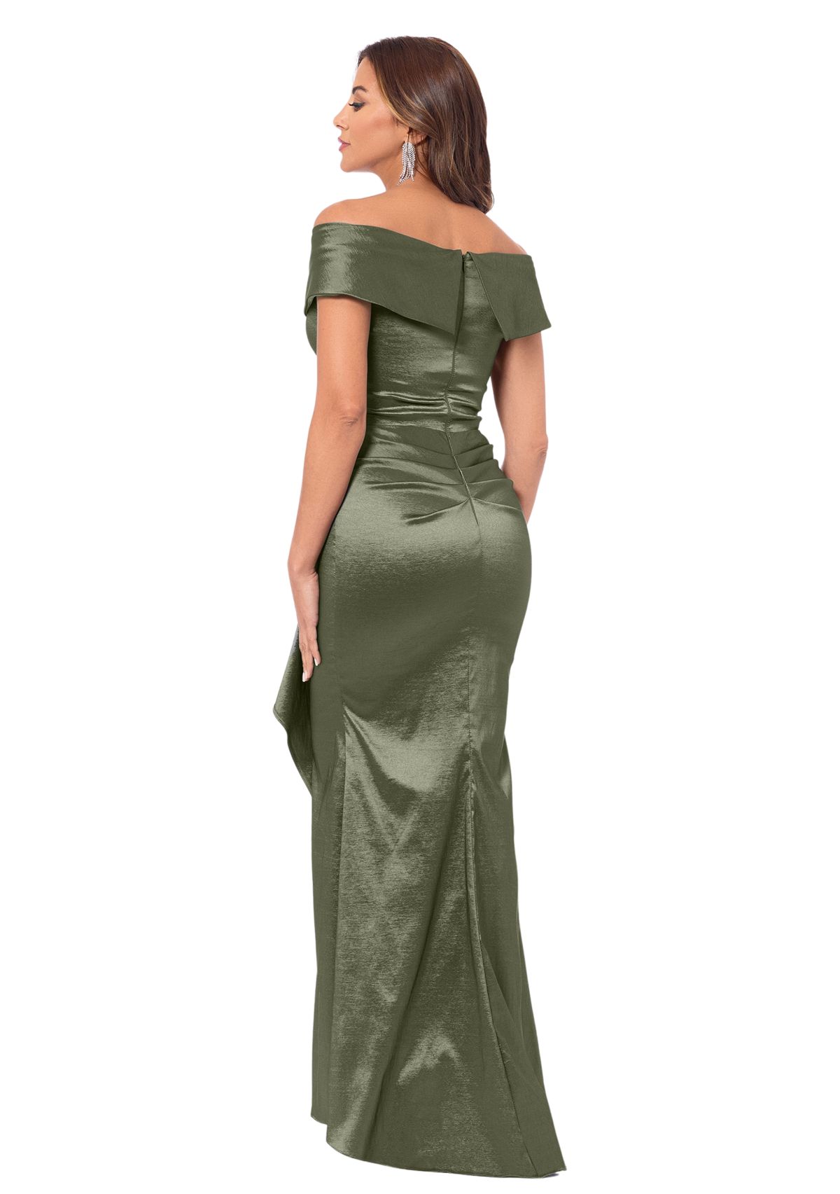 Womens Sleeveless Off the Shoulder Solid Ruffle Gown