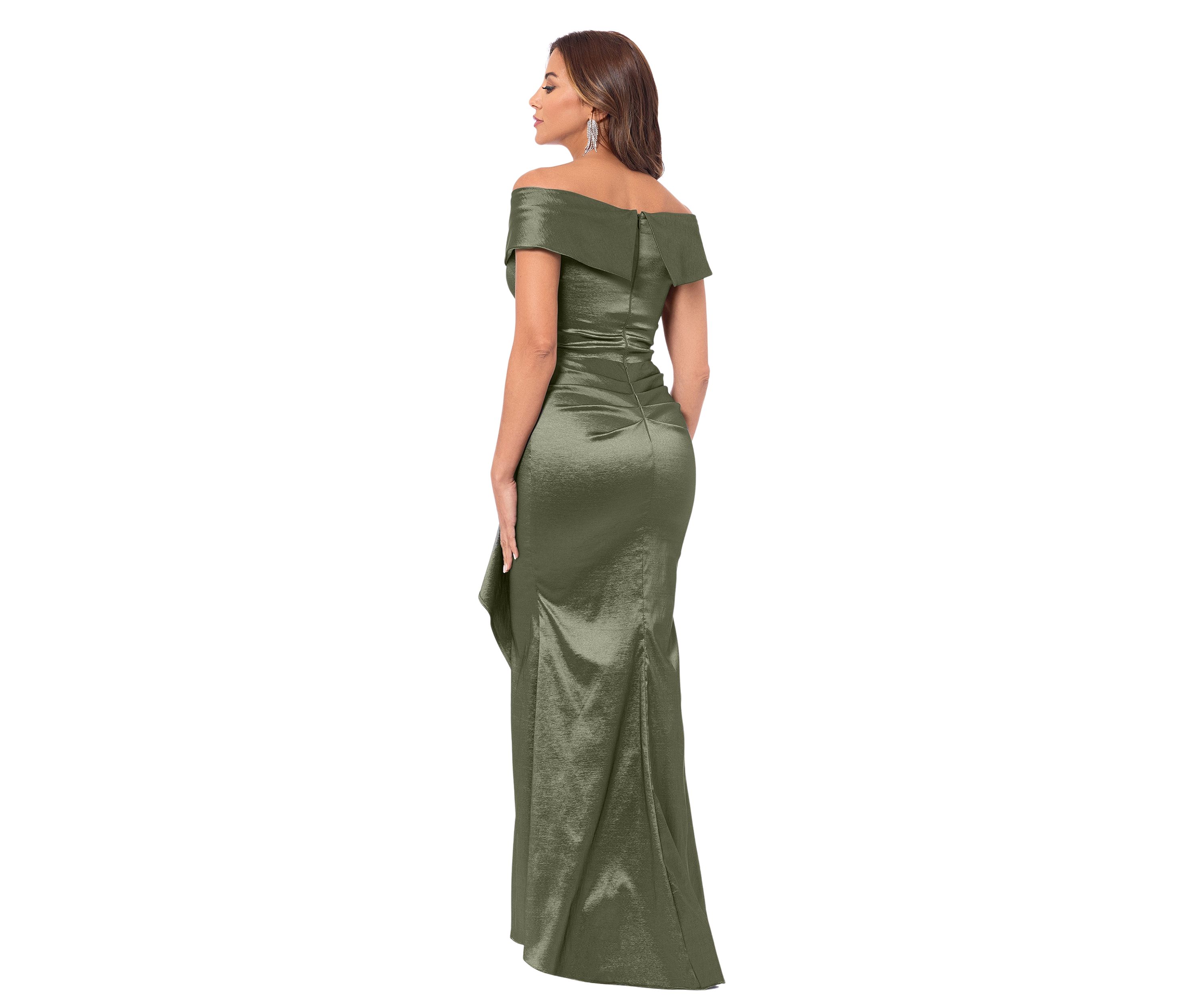 Womens Sleeveless Off the Shoulder Solid Ruffle Gown