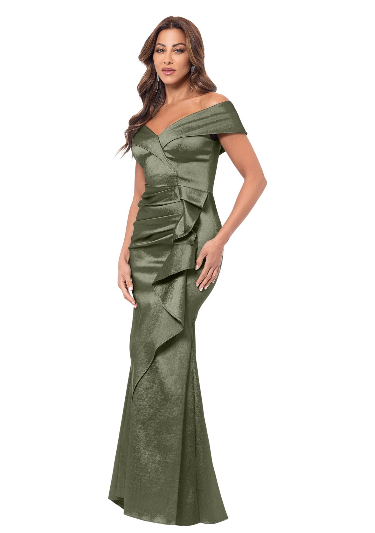 Womens Sleeveless Off the Shoulder Solid Ruffle Gown