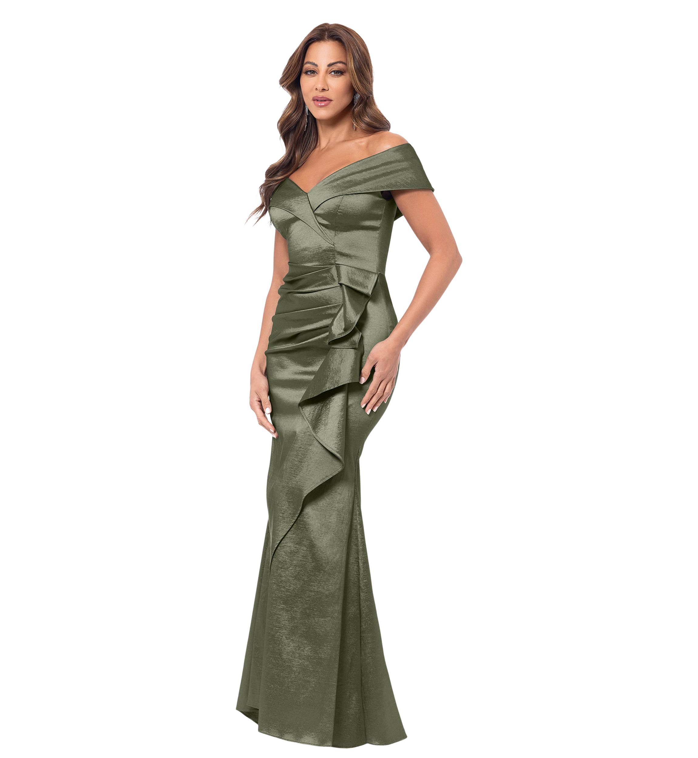 Womens Sleeveless Off the Shoulder Solid Ruffle Gown