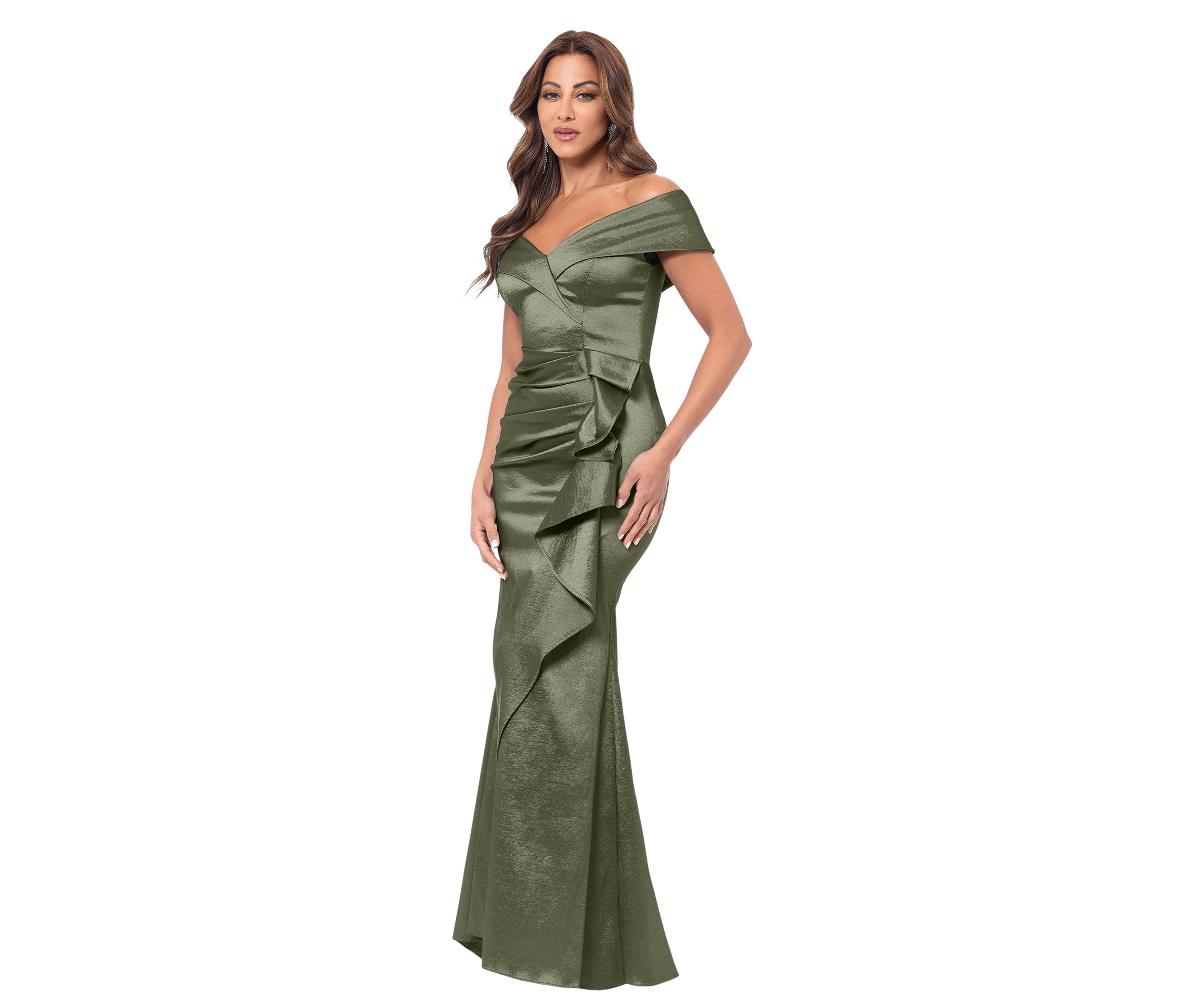 Womens Sleeveless Off the Shoulder Solid Ruffle Gown