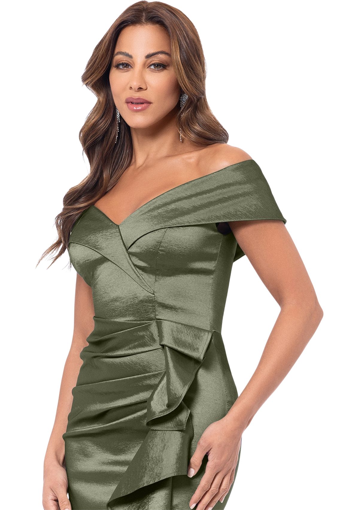 Womens Sleeveless Off the Shoulder Solid Ruffle Gown