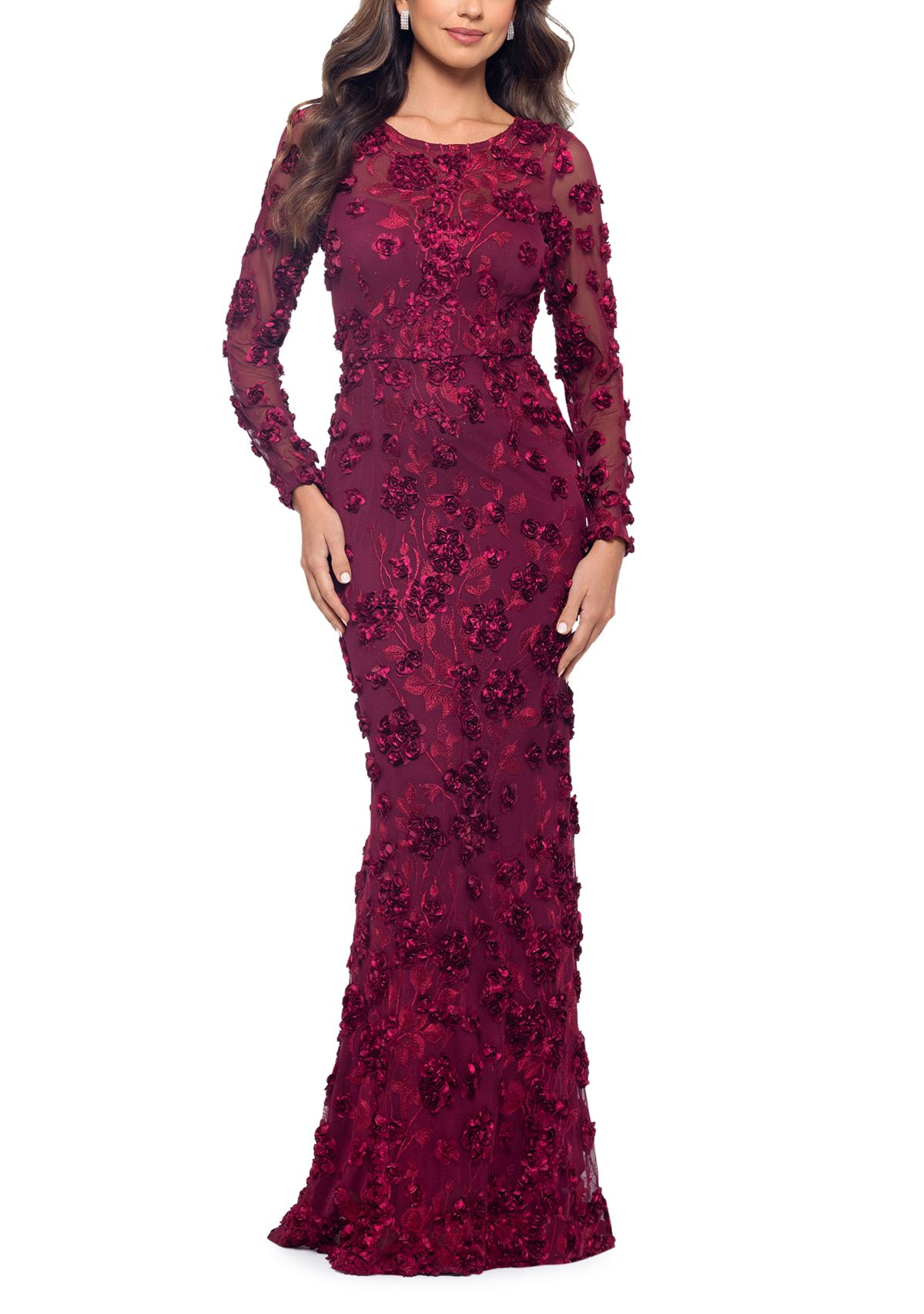 Womens Long Sleeve Fit and Flare Appliqué Gown