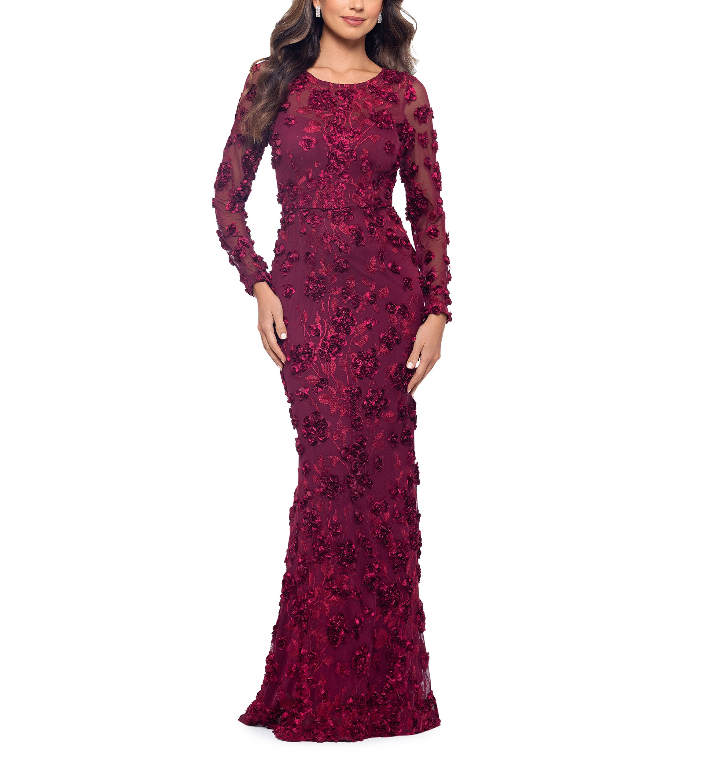 Womens Long Sleeve Fit and Flare Appliqué Gown