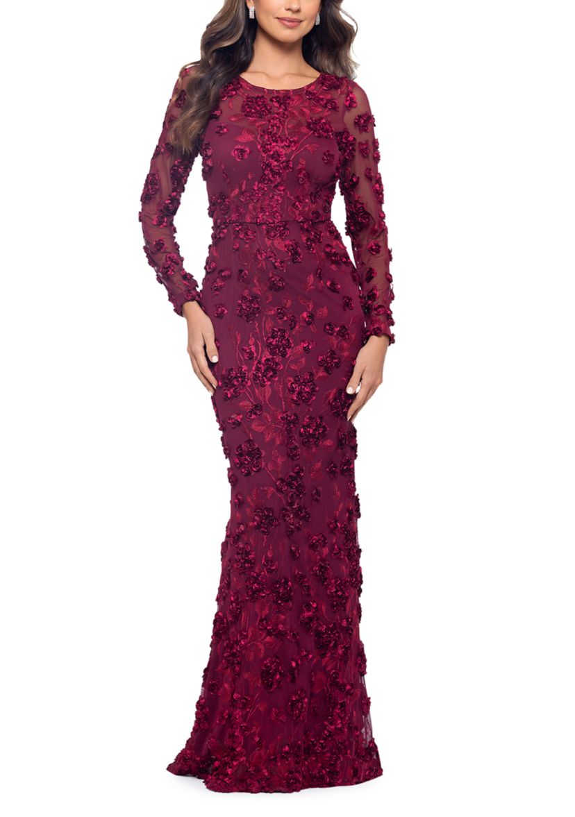 Womens Long Sleeve Fit and Flare Appliqué Gown