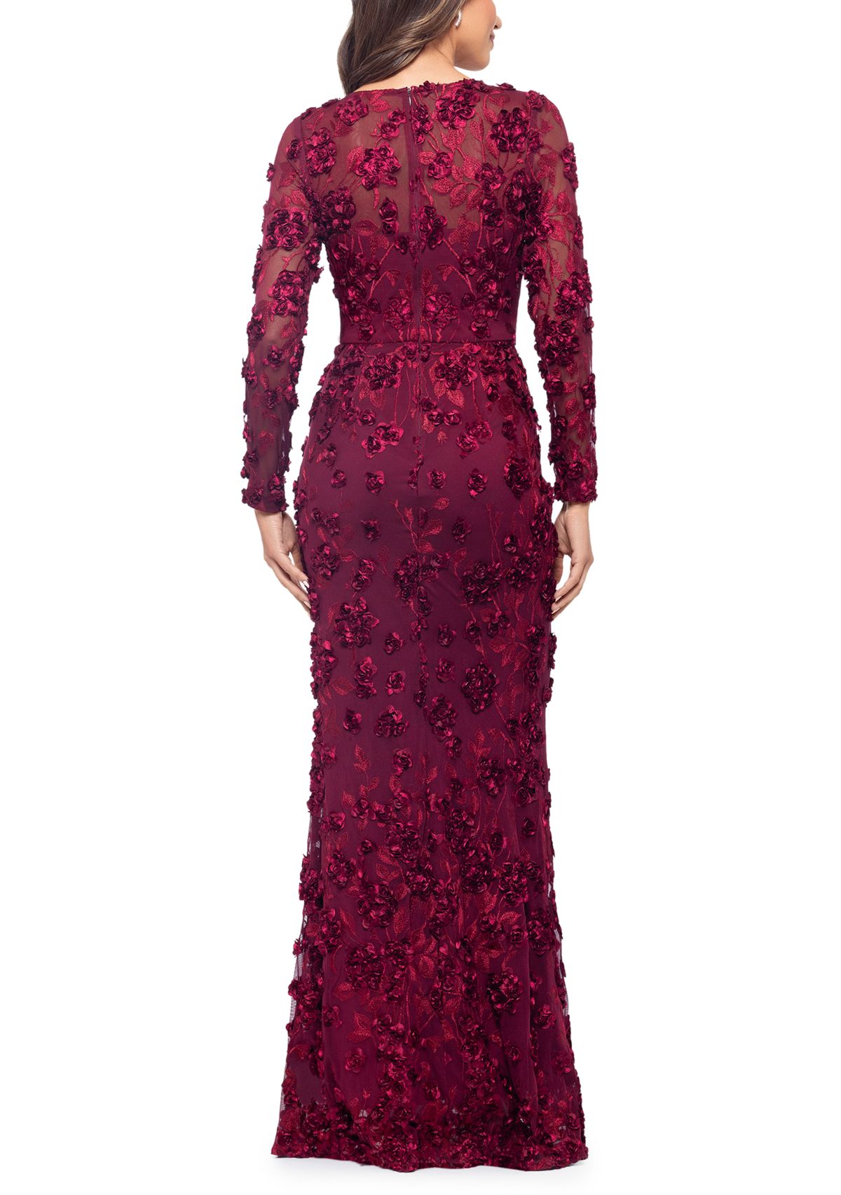 Womens Long Sleeve Fit and Flare Appliqué Gown