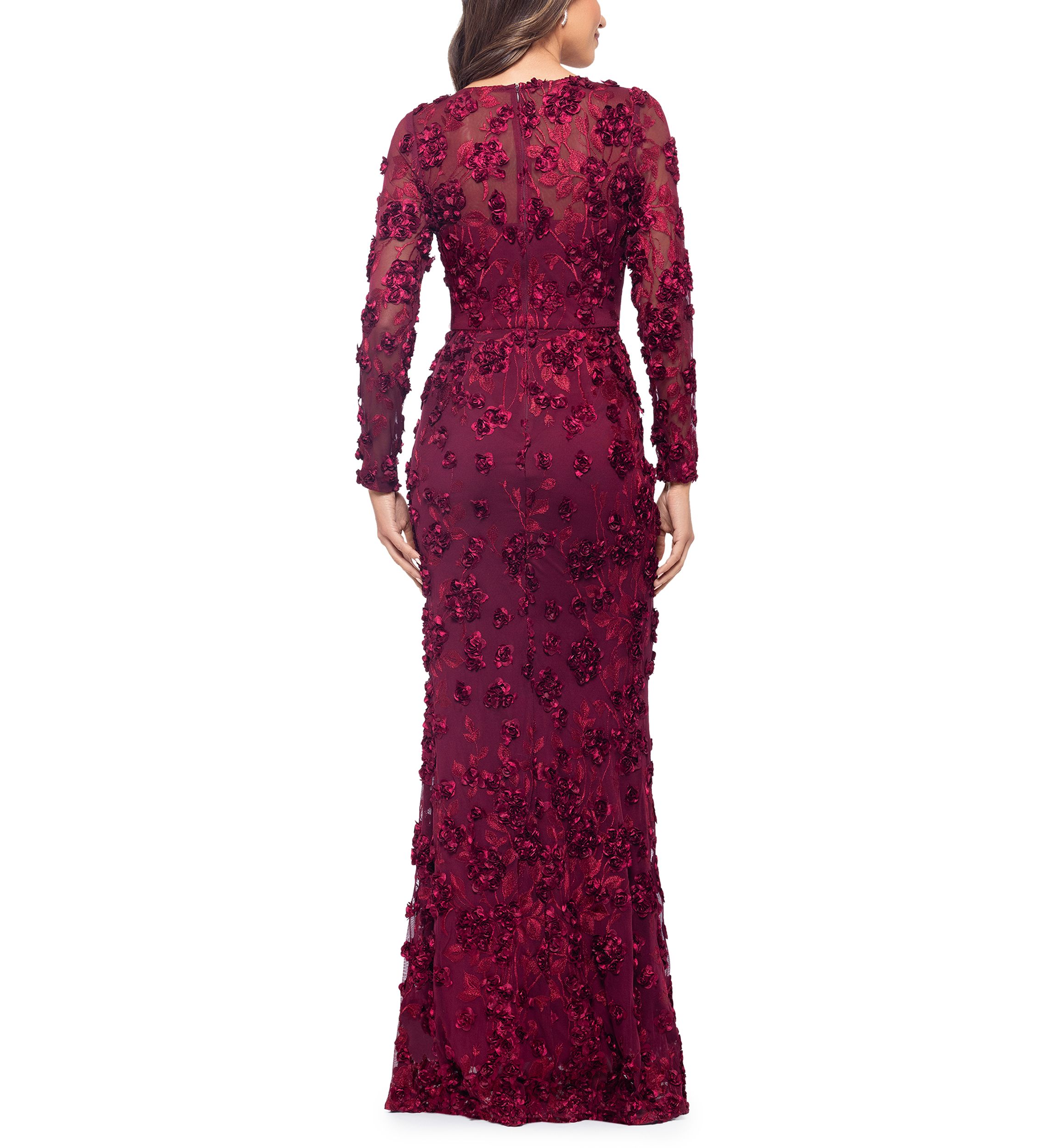 Womens Long Sleeve Fit and Flare Appliqué Gown